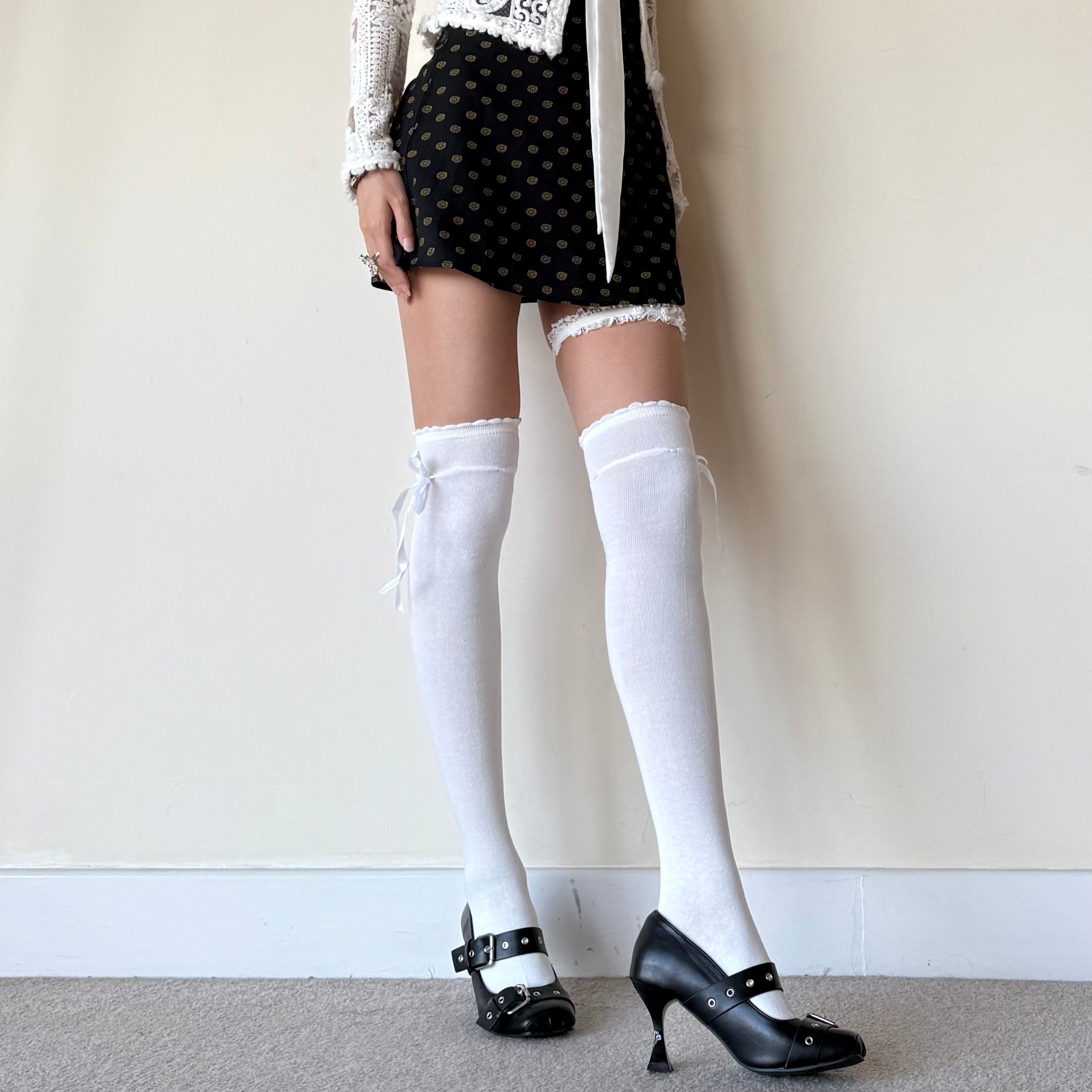 White Ruffle Over-Knee Socks with Side Ribbon Tie