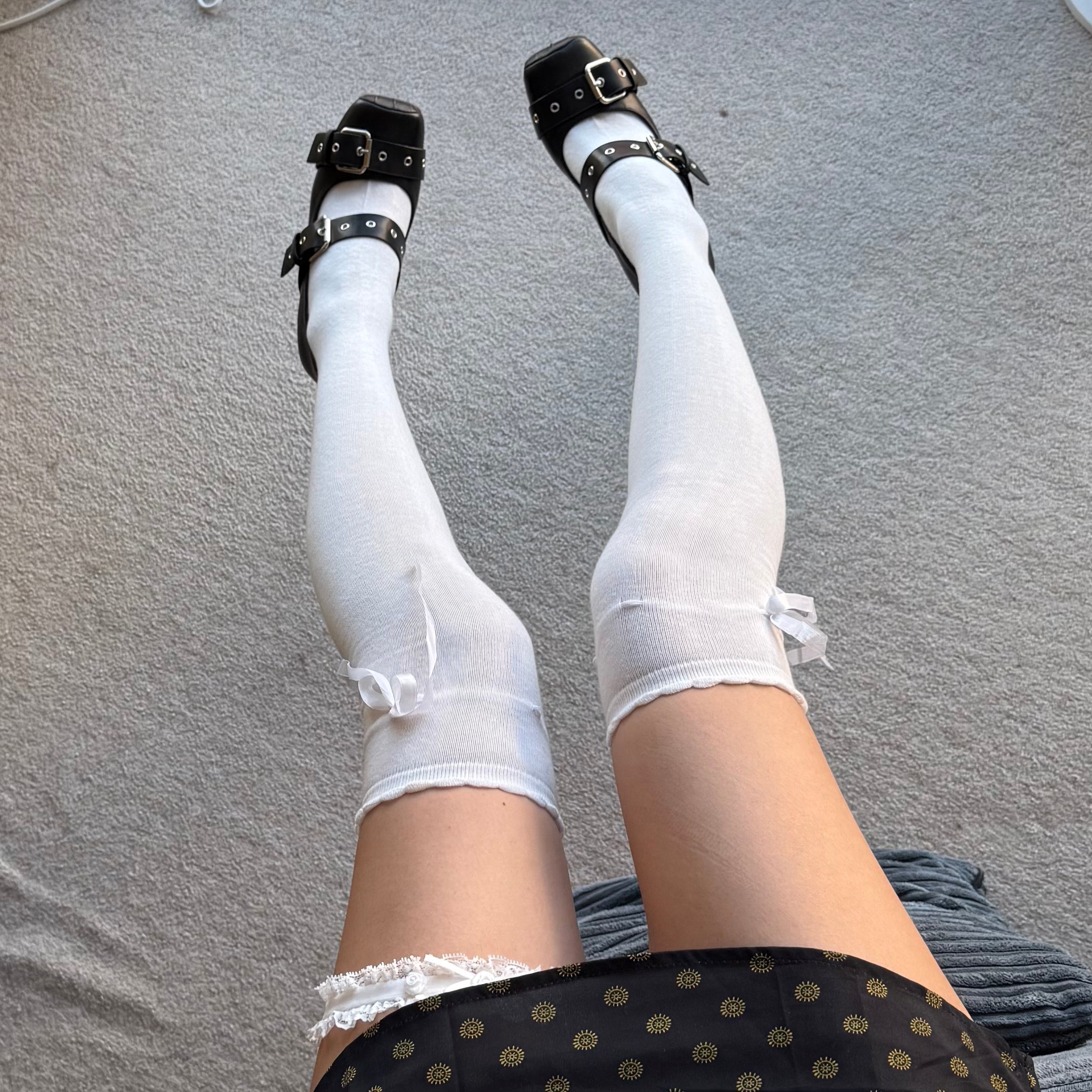 White Ruffle Over-Knee Socks with Side Ribbon Tie