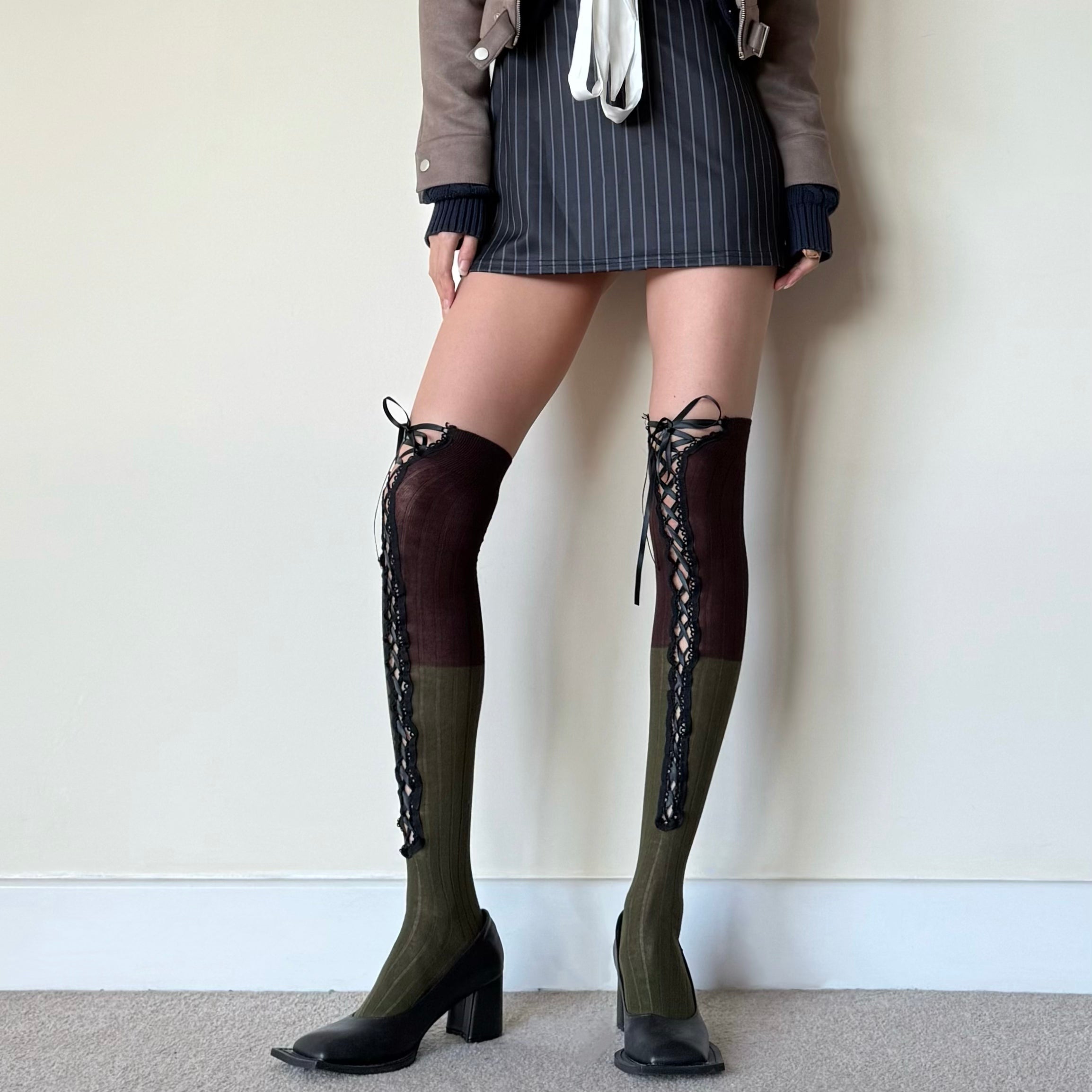 Two-Tone Green & Brown Corset Lace-Up Thigh High Socks