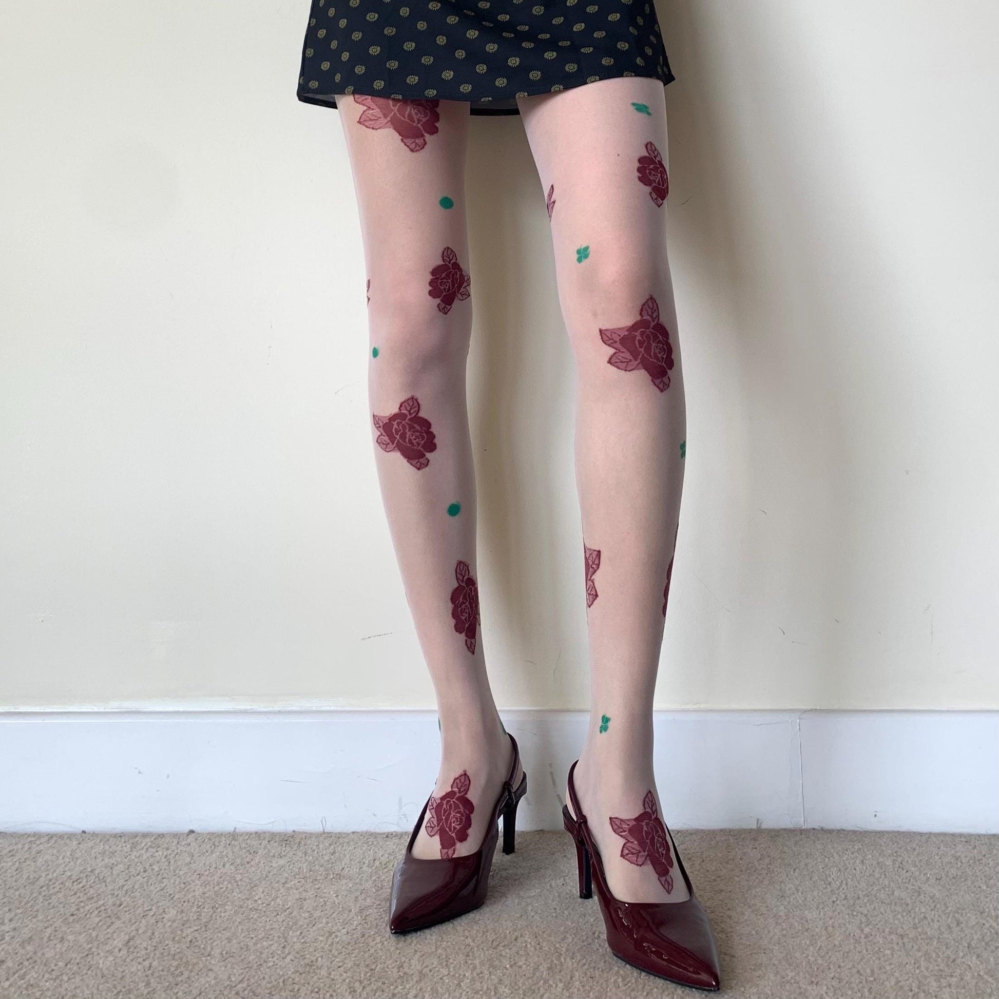 White Sheer Tights with Embroidered Roses & Green Leaves - tights