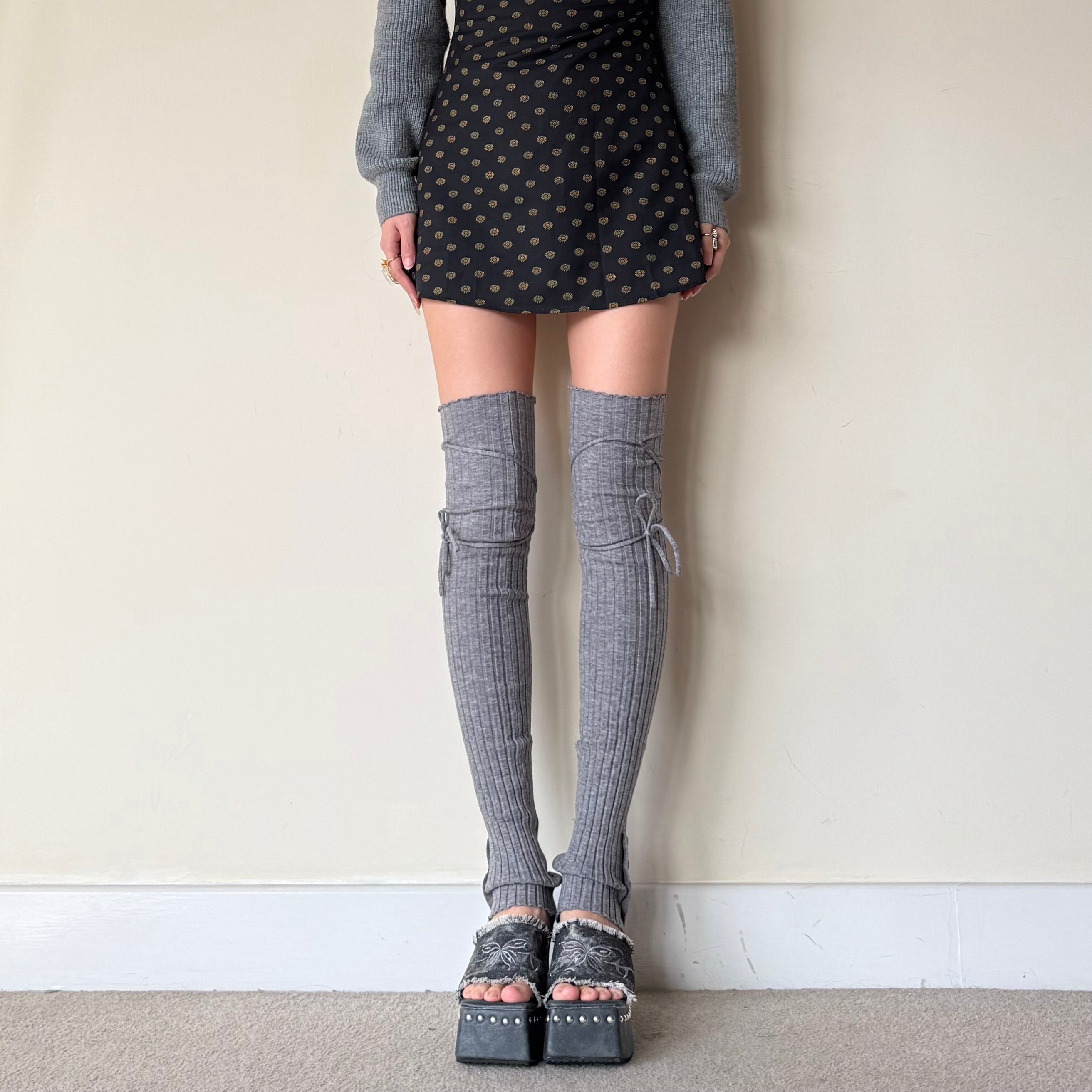 Balletcore Ribbed Wool Blend Leg Warmers with Side Tie & Button Detail