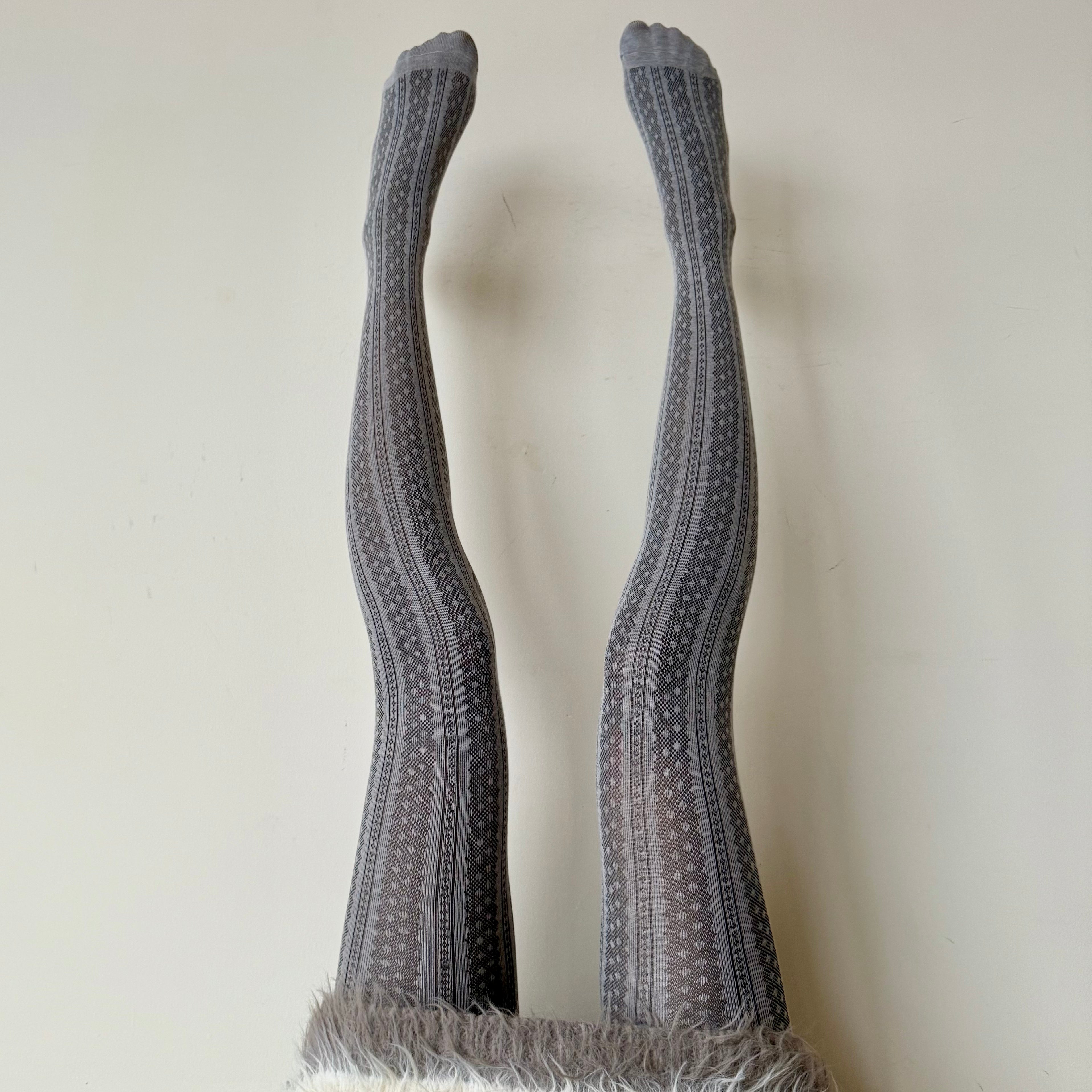 Grey Lace Polka Dot Floral Striped Cotton Tights