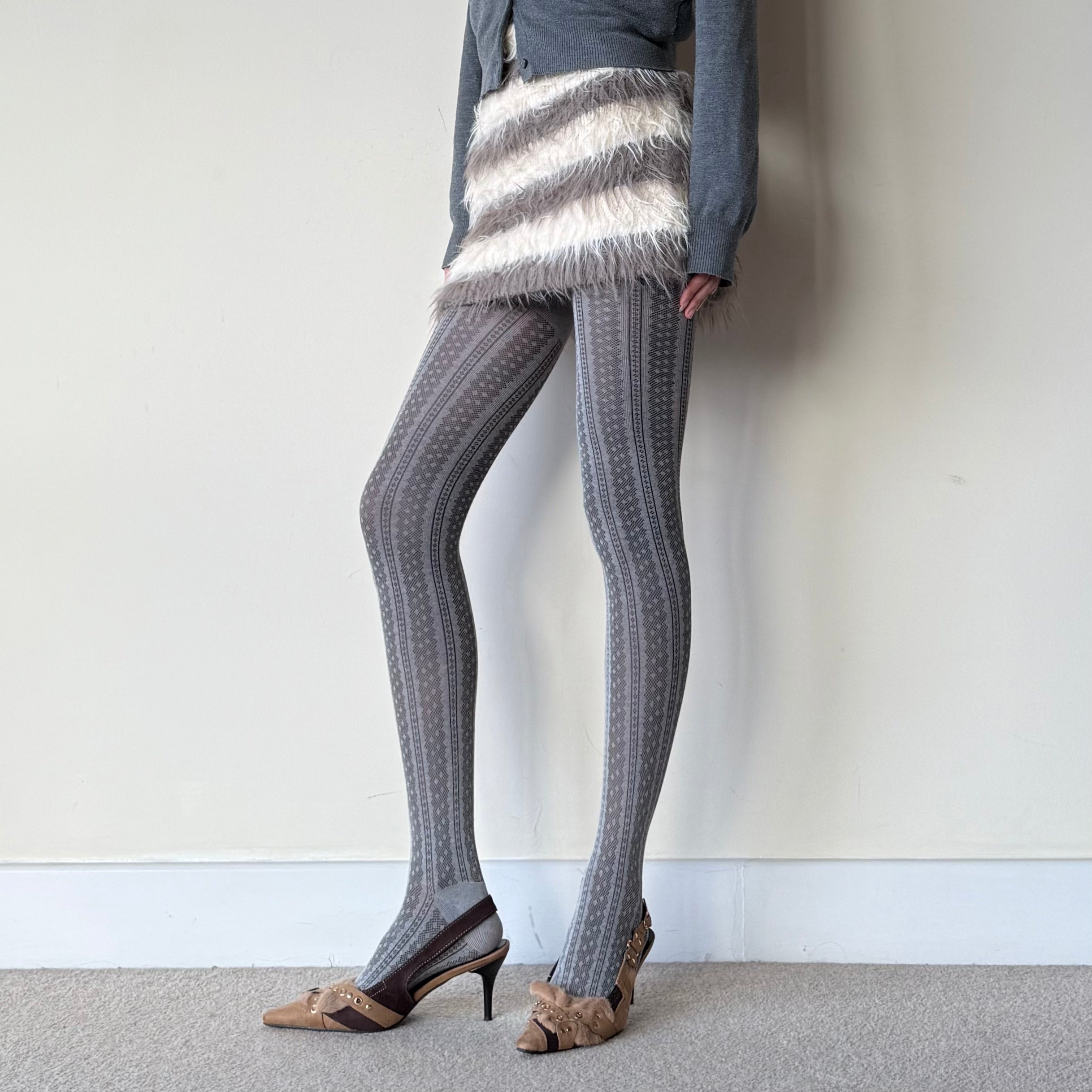 Grey Lace Polka Dot Floral Striped Cotton Tights