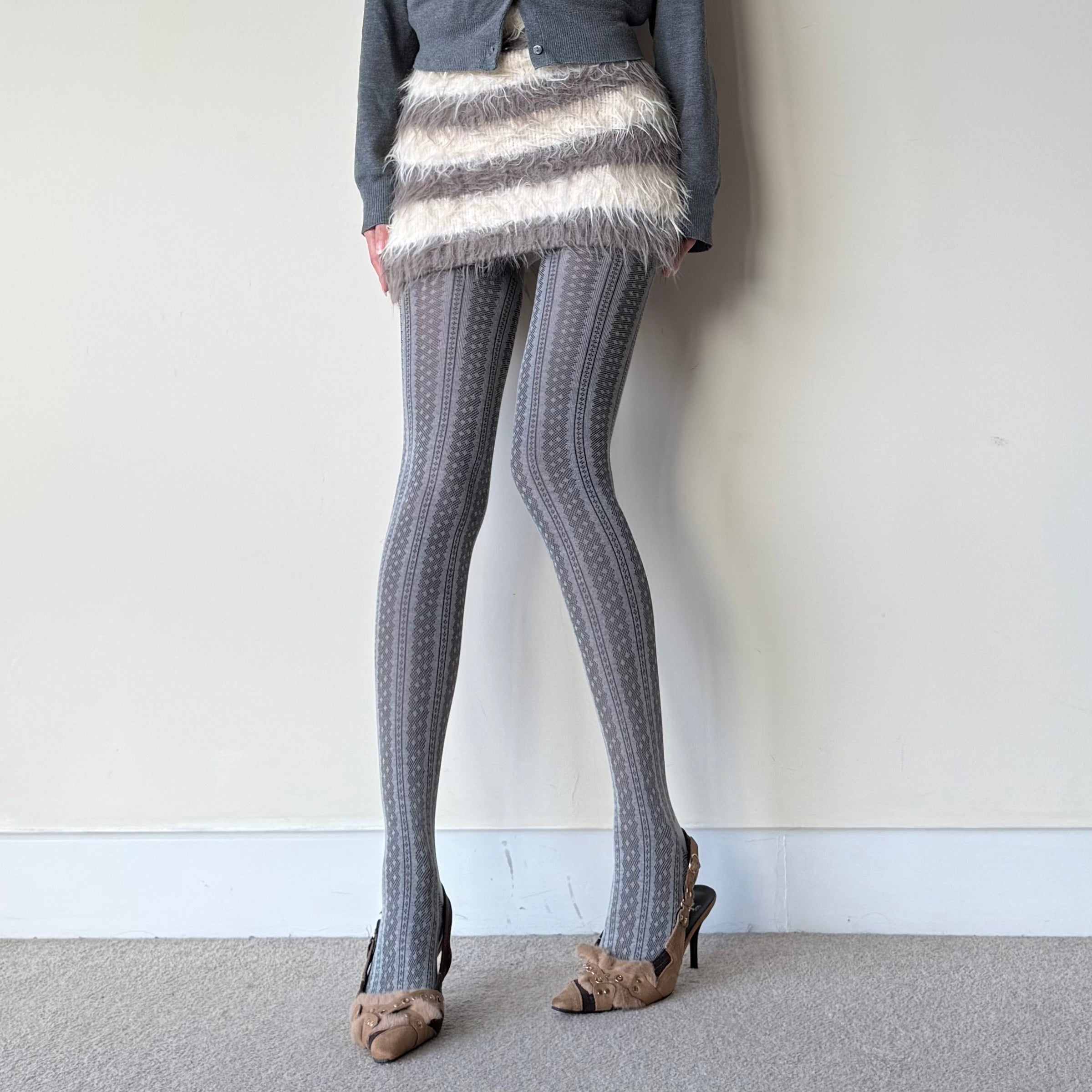 Grey Lace Polka Dot Floral Striped Cotton Tights