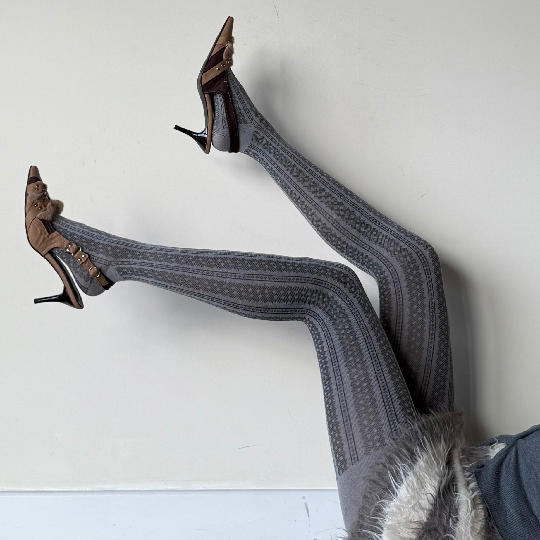 Grey Lace Polka Dot Floral Striped Cotton Tights