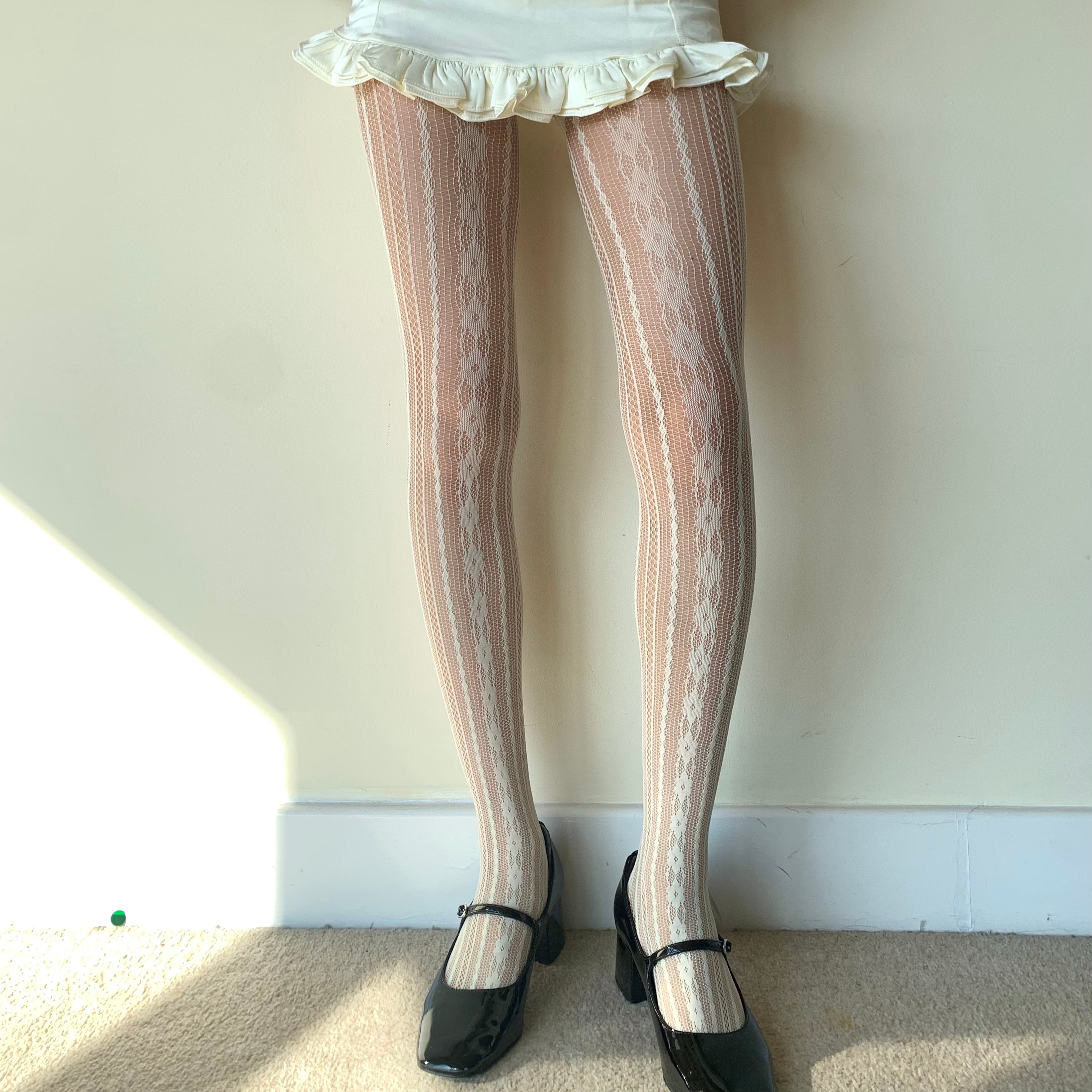 Cream White Floral Striped Fishnet Tights