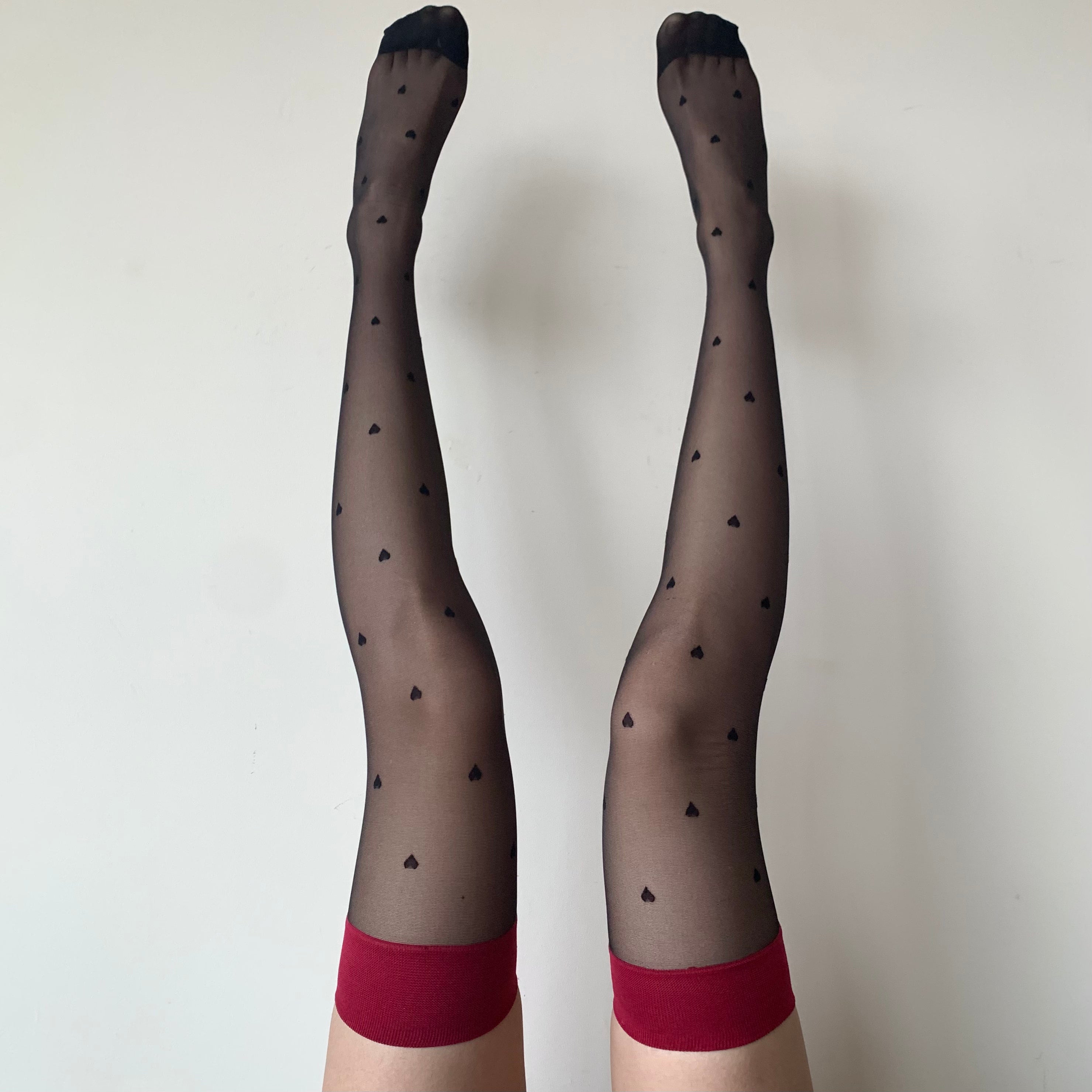 Black Heart Thigh High Stockings with Red Trim