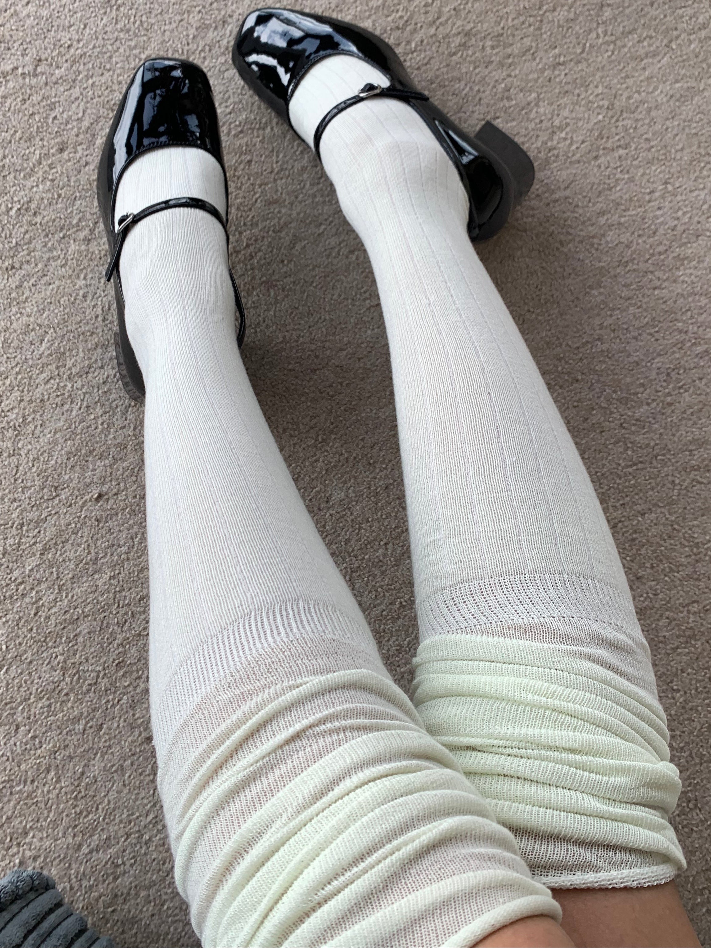 White Striped Knee High Socks with Slouchy Trim (64cm)