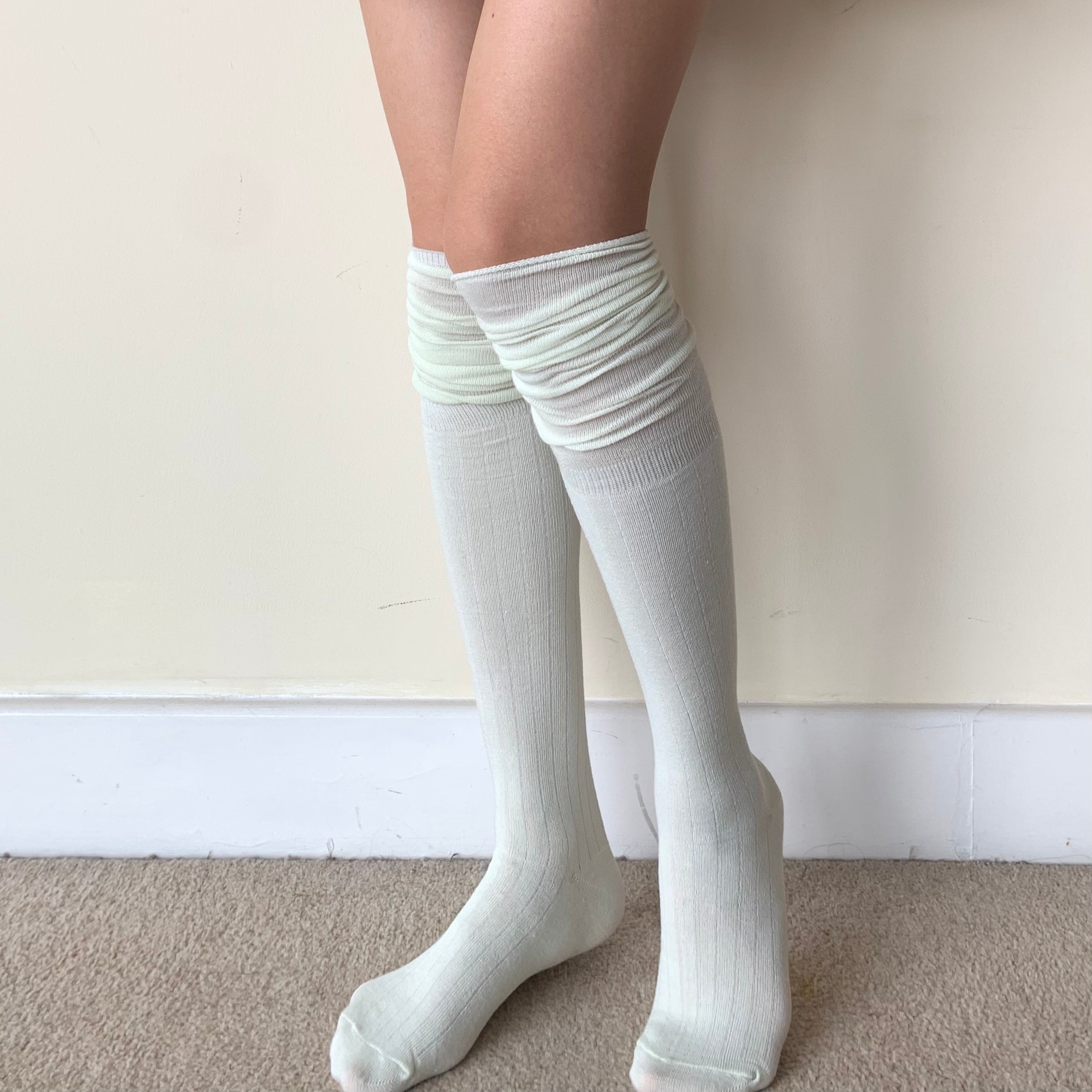 White Striped Knee High Socks with Slouchy Trim (64cm)