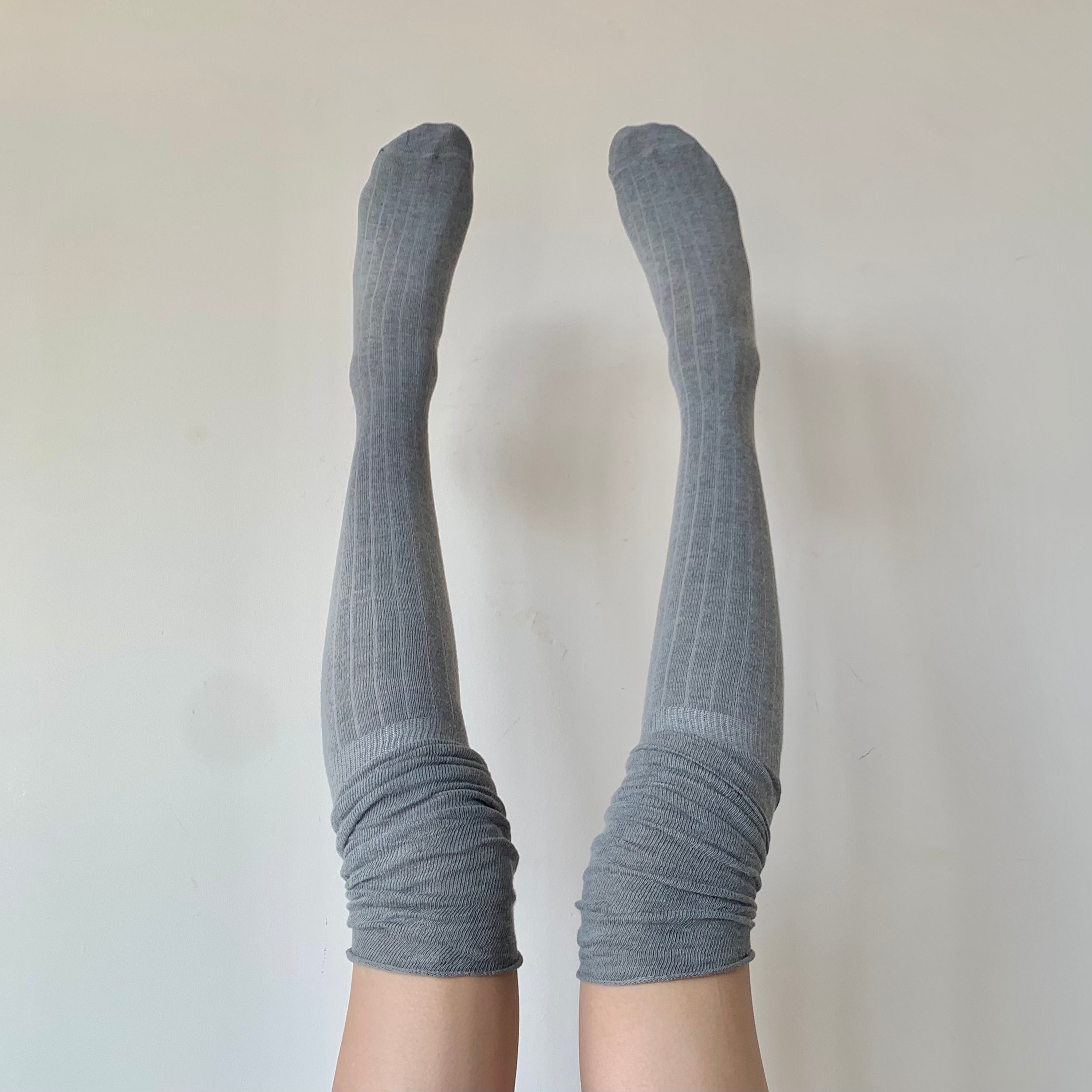 Grey Striped Knee High Socks with Slouchy Trim (64cm)