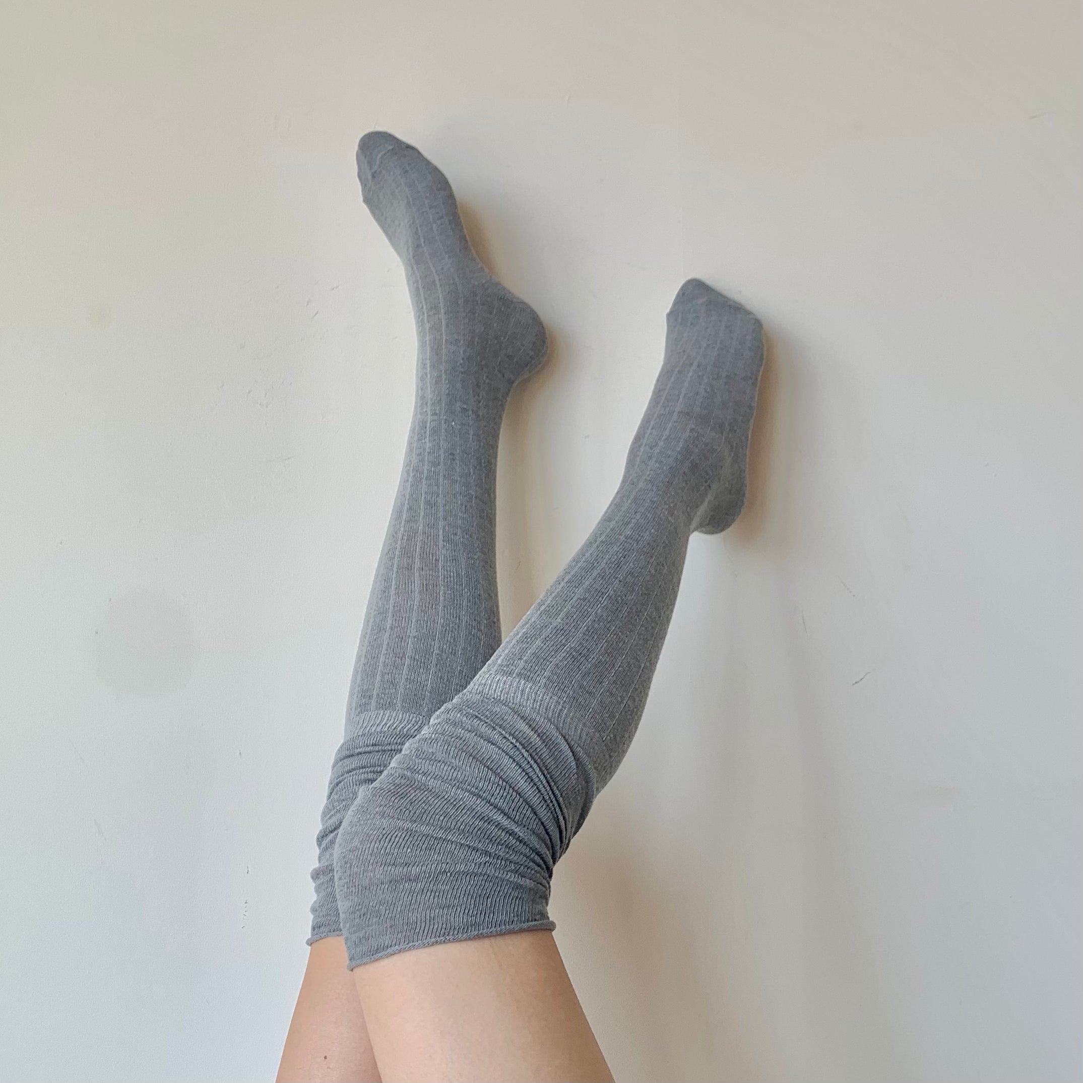 Grey Striped Knee High Socks with Slouchy Trim (64cm)