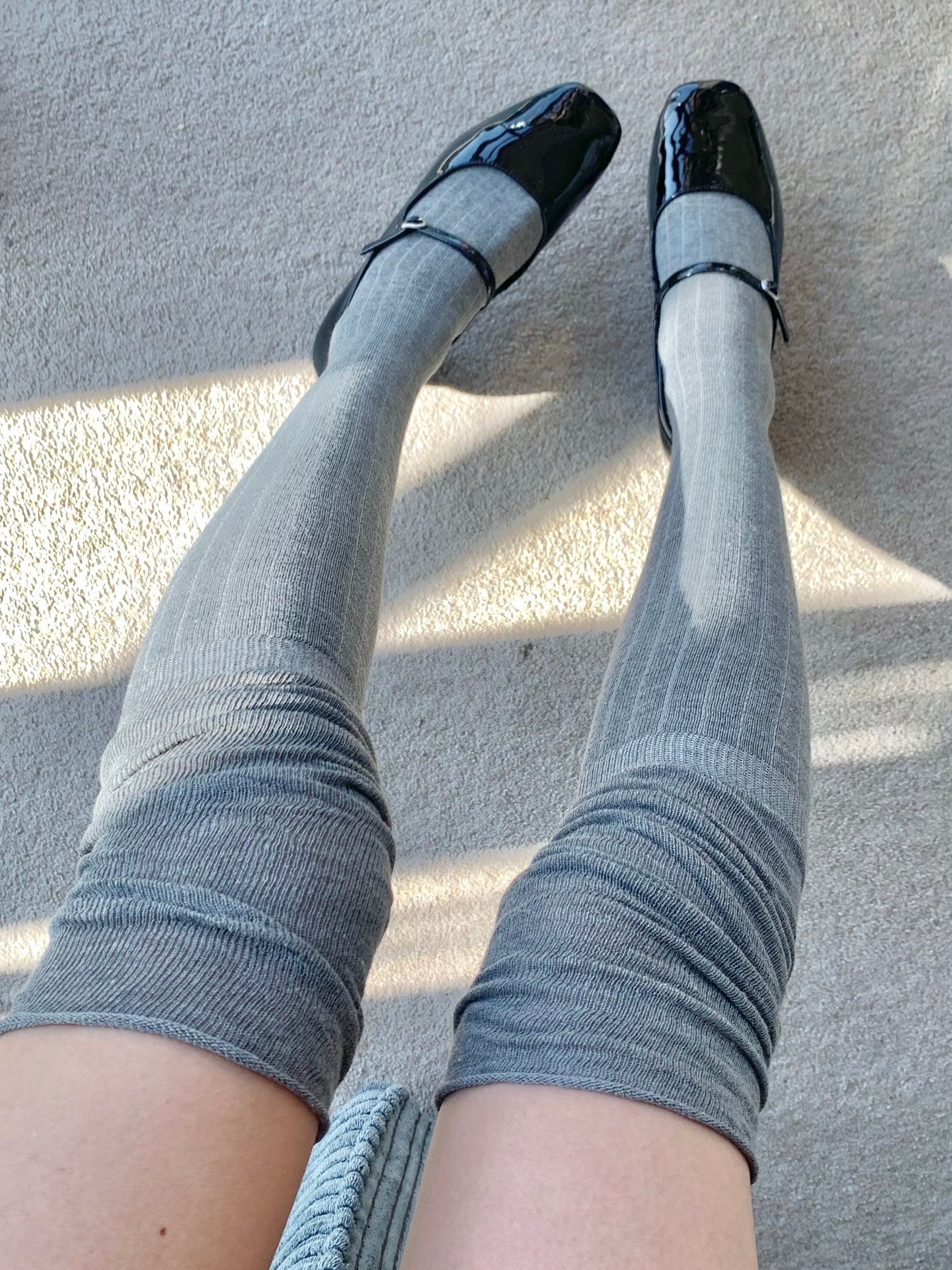 Grey Striped Knee High Socks with Slouchy Trim (64cm)
