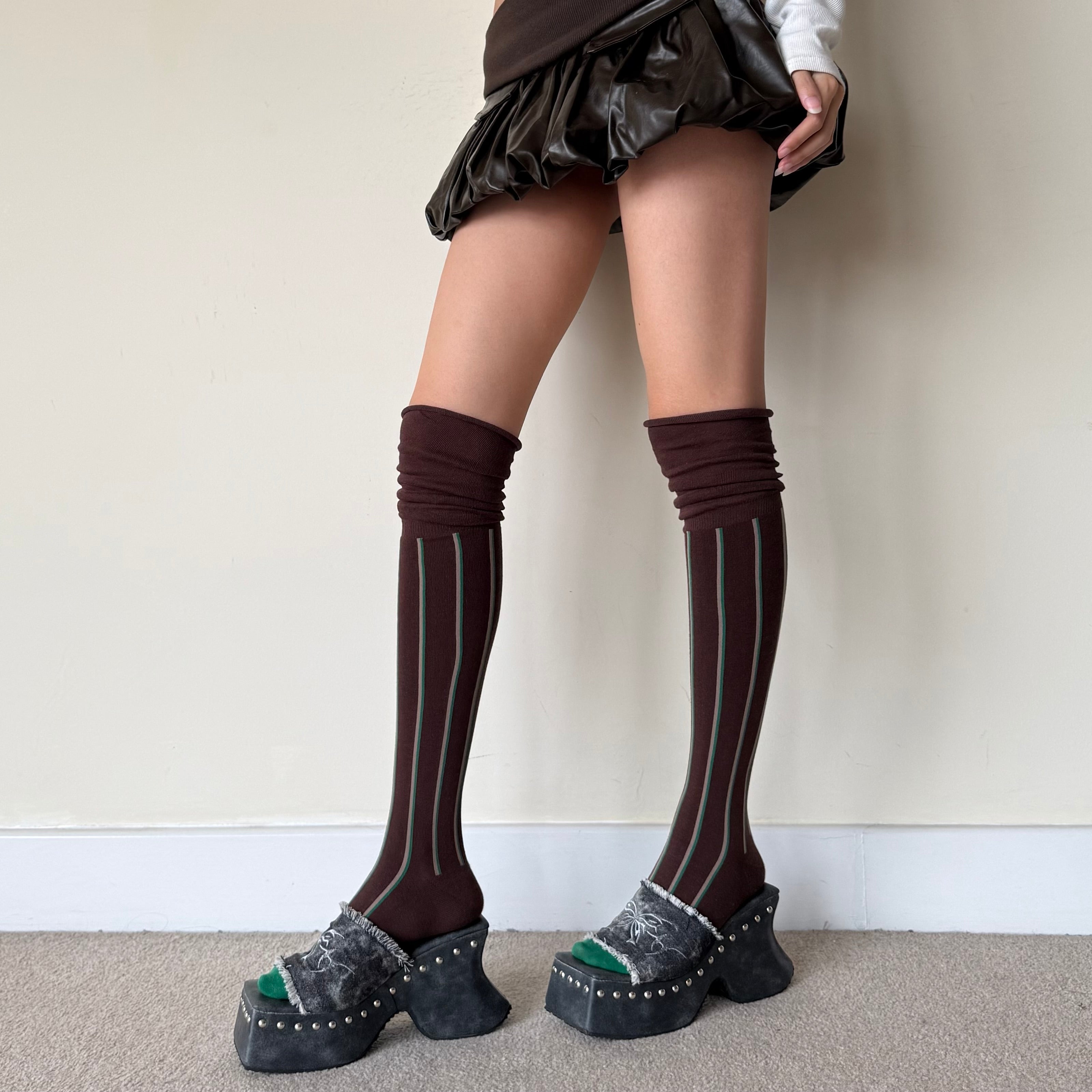 Chocolate Brown Slouchy Over-the-Knee Socks with Stripe Detail