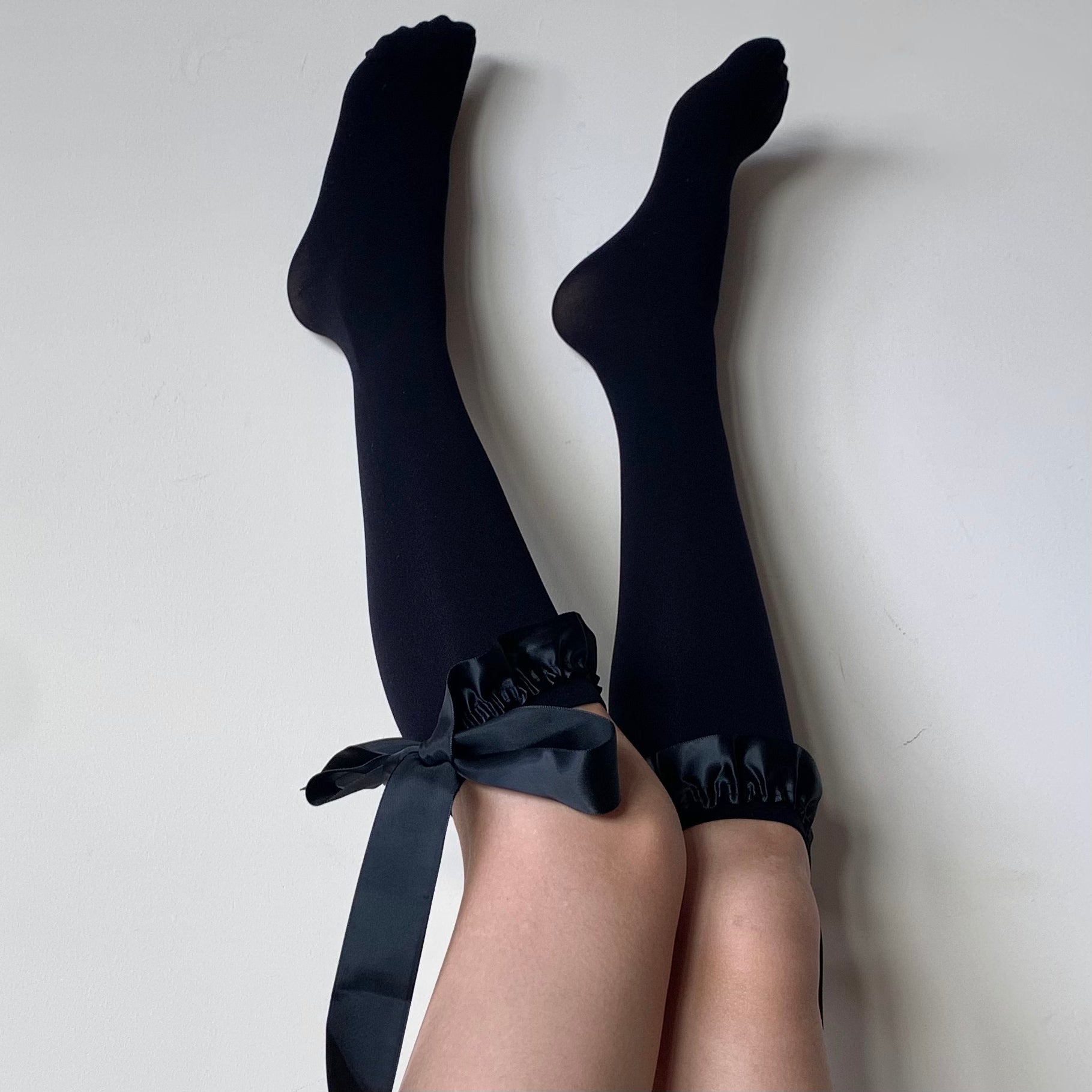 Black Knee-high Velvet Socks with Satin Ruffled Top and Bow Tie