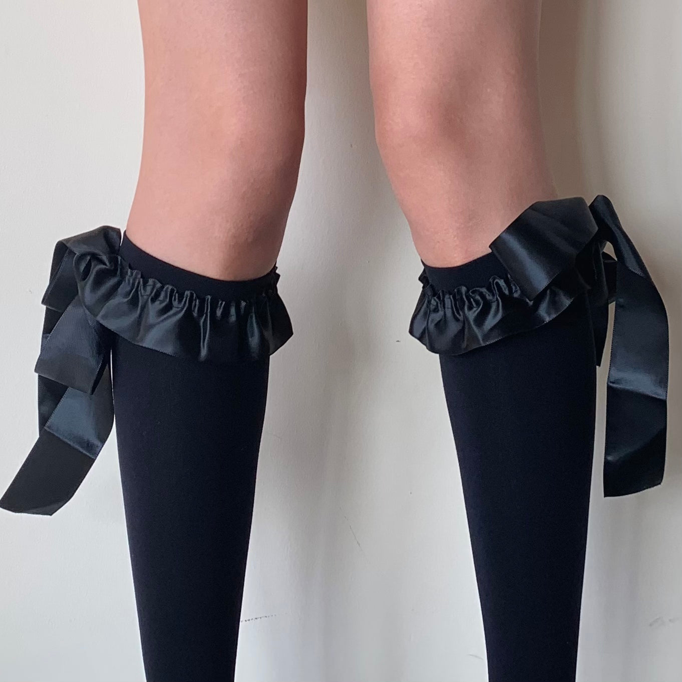 Black Knee-high Velvet Socks with Satin Ruffled Top and Bow Tie