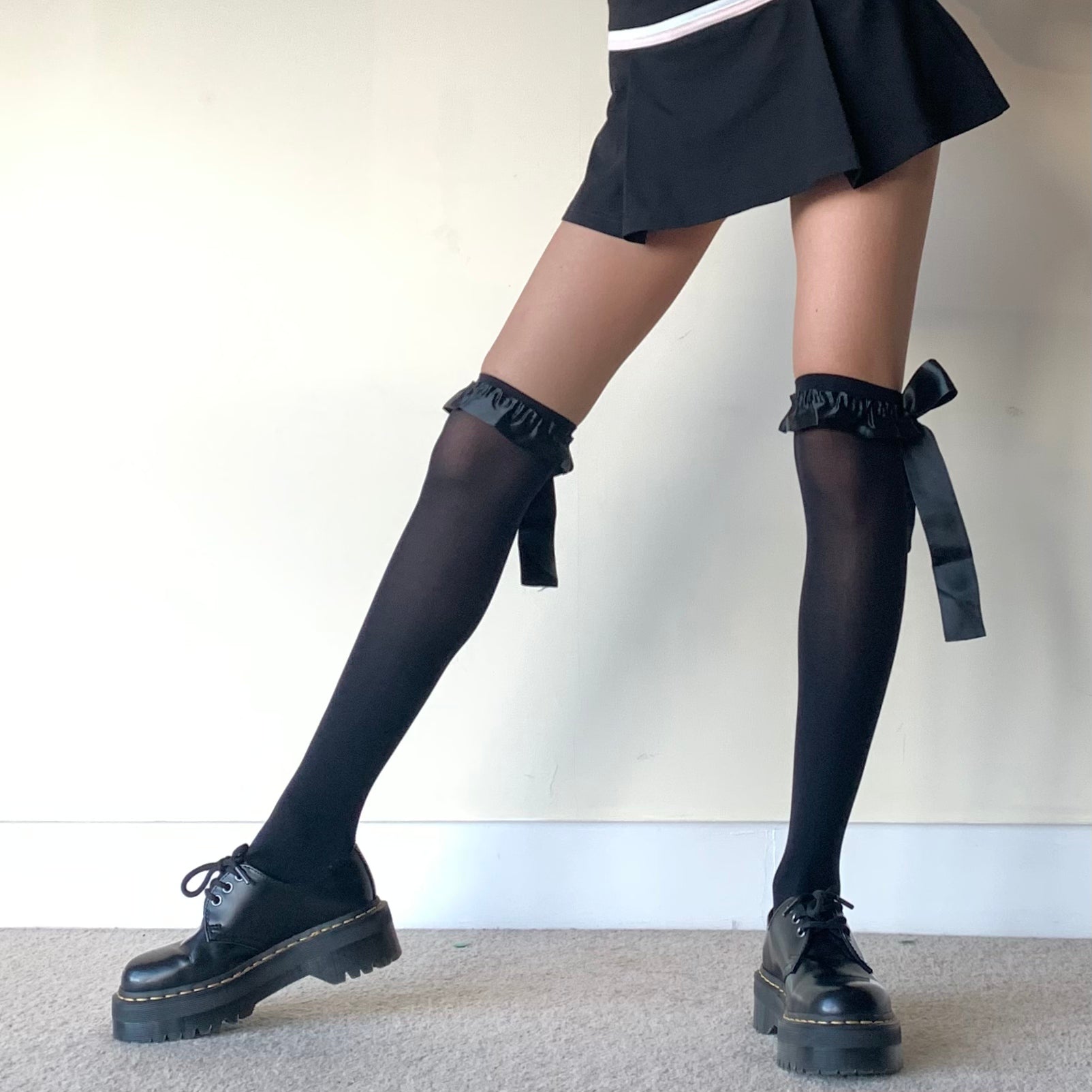 Black Knee-high Velvet Socks with Satin Ruffled Top and Bow Tie