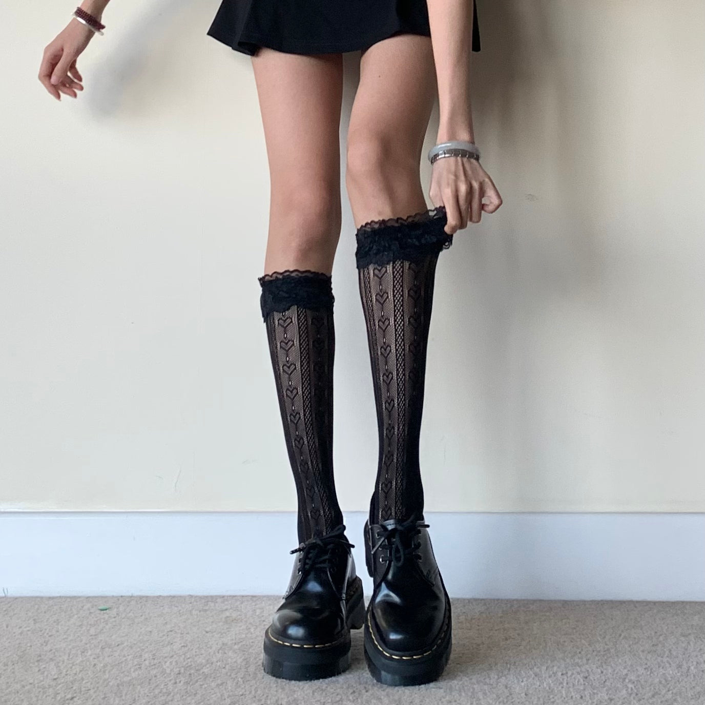 Black Heart Striped Fishnet Socks with Frilled Trim