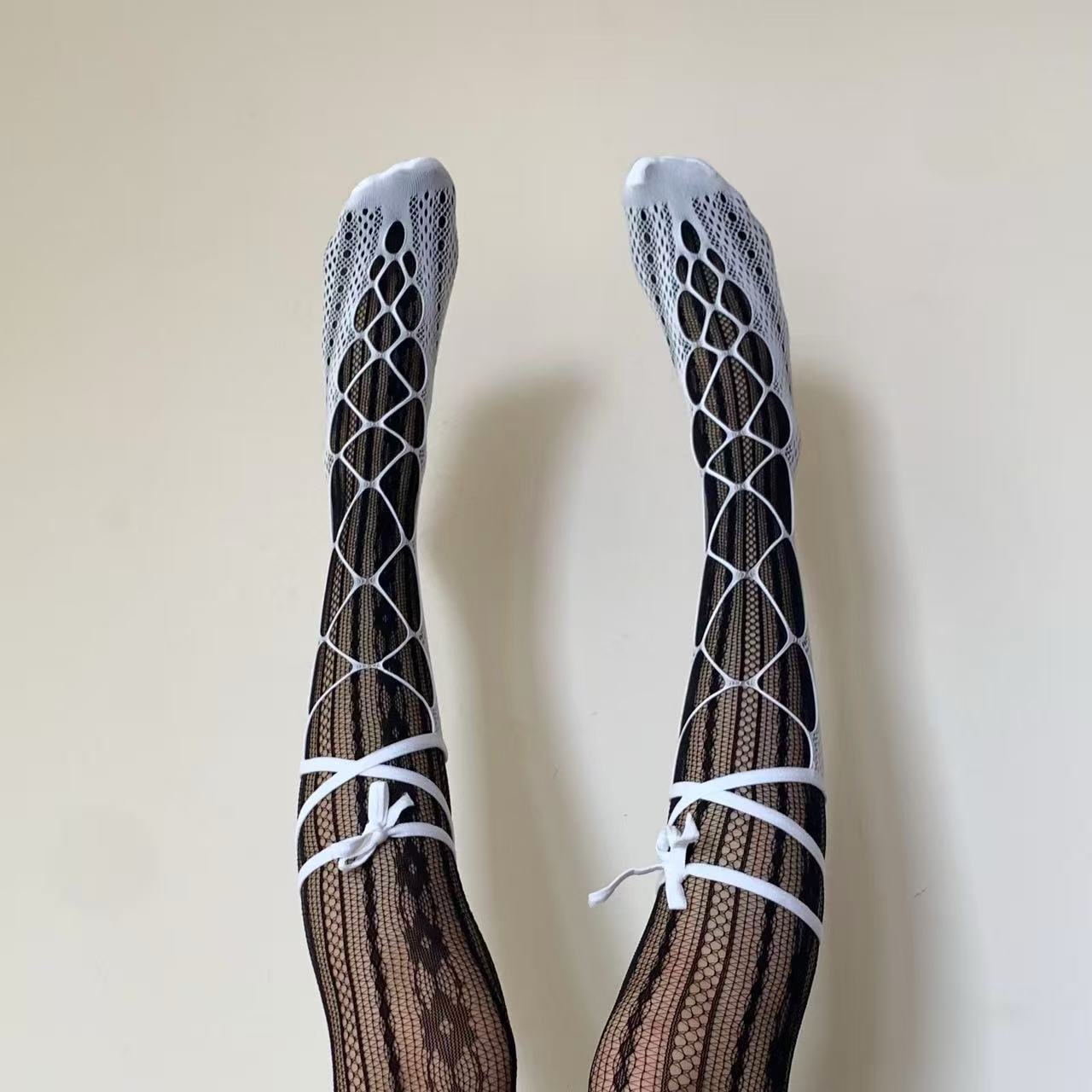 White Lace-Up Fishnet Socks with Adjustable Ribbon Straps