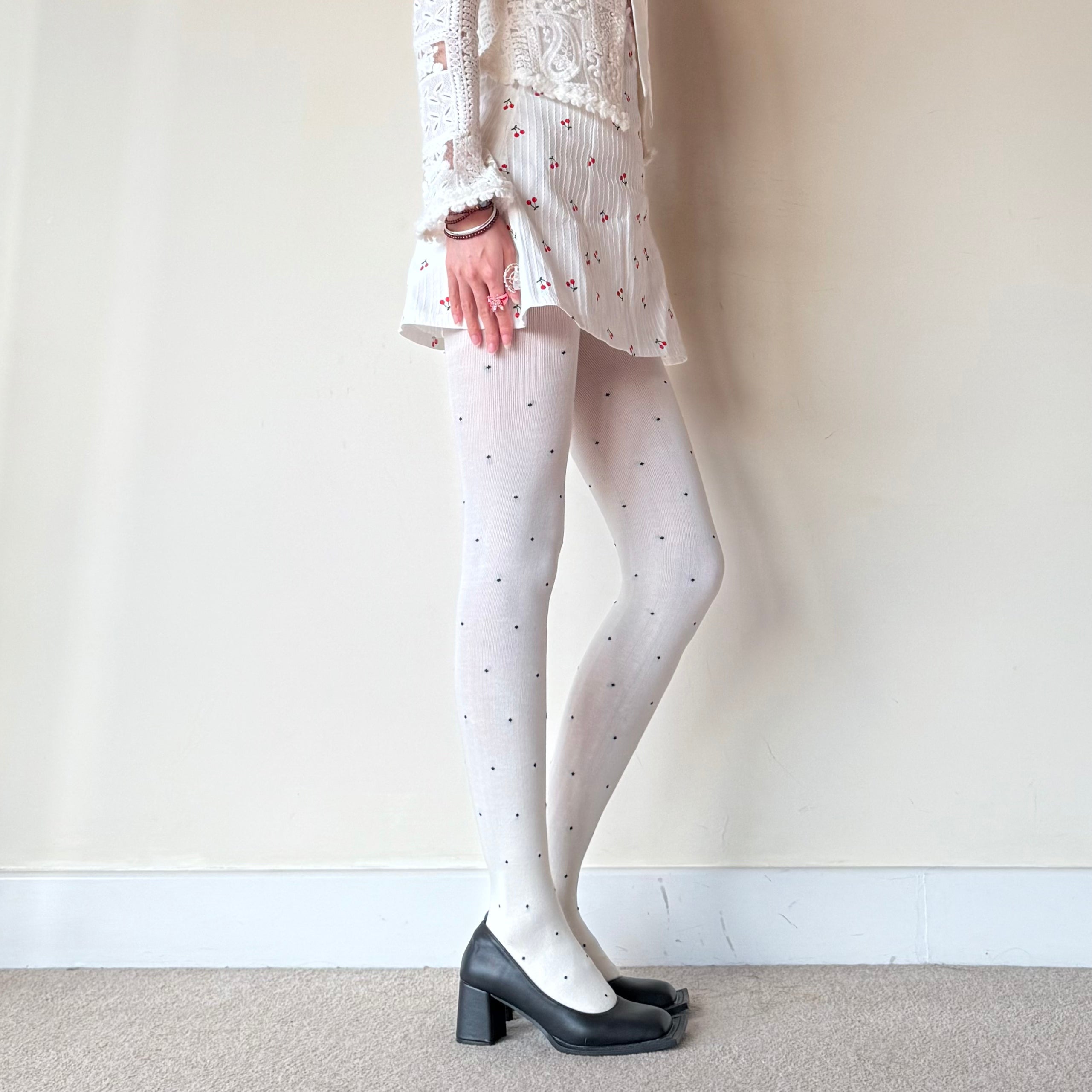 Cream White Polka Dot Cotton Tights