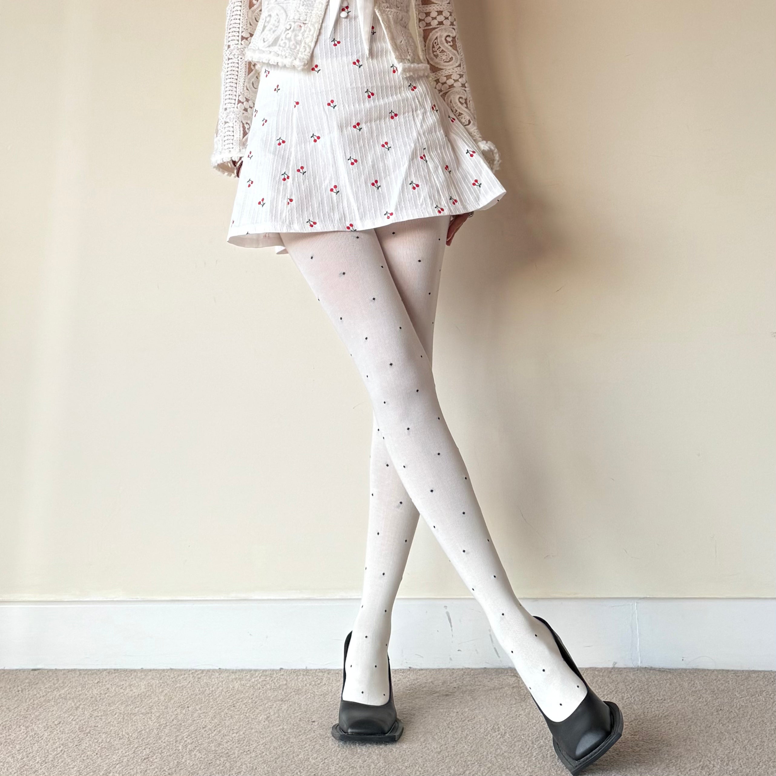 Cream White Polka Dot Cotton Tights