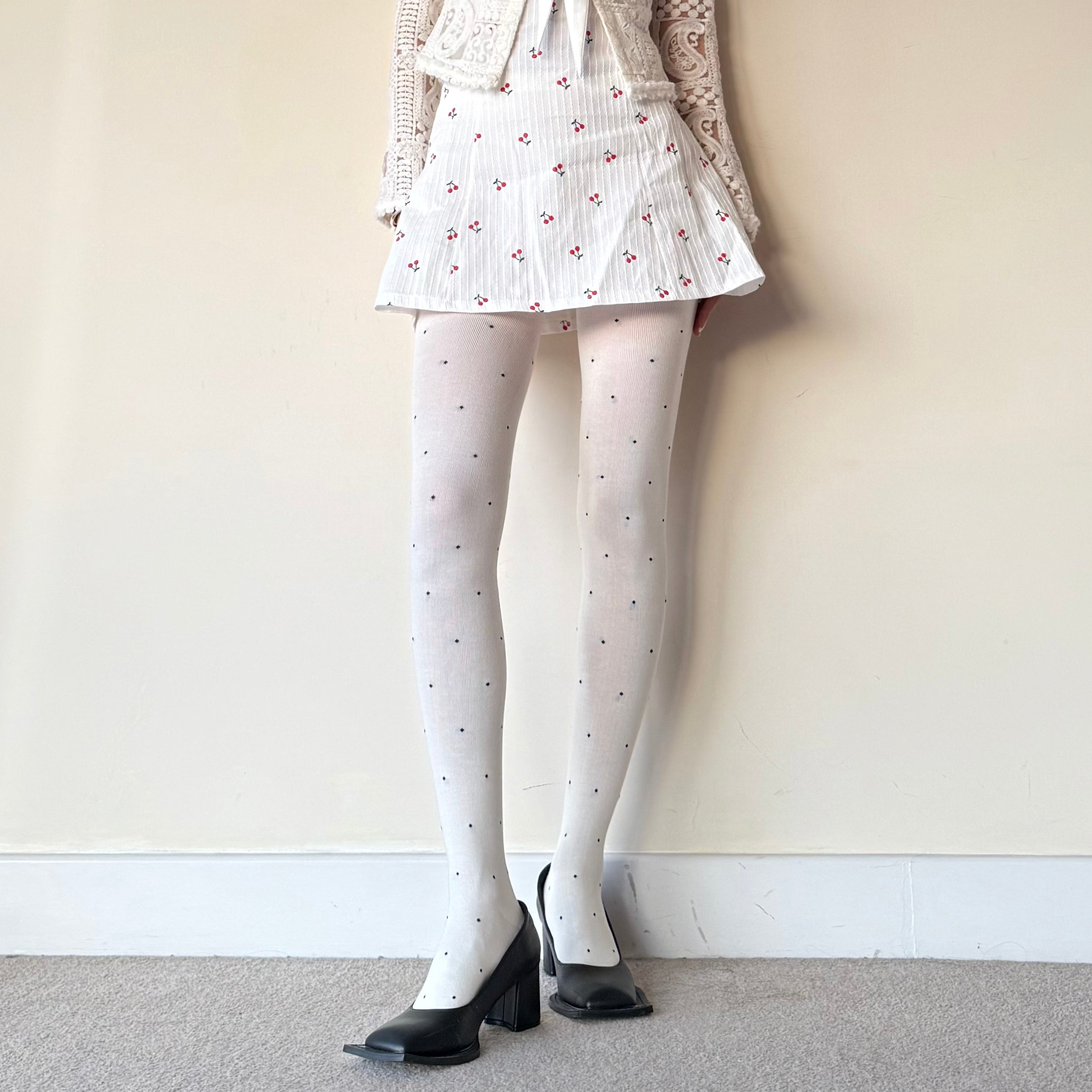 Cream White Polka Dot Cotton Tights