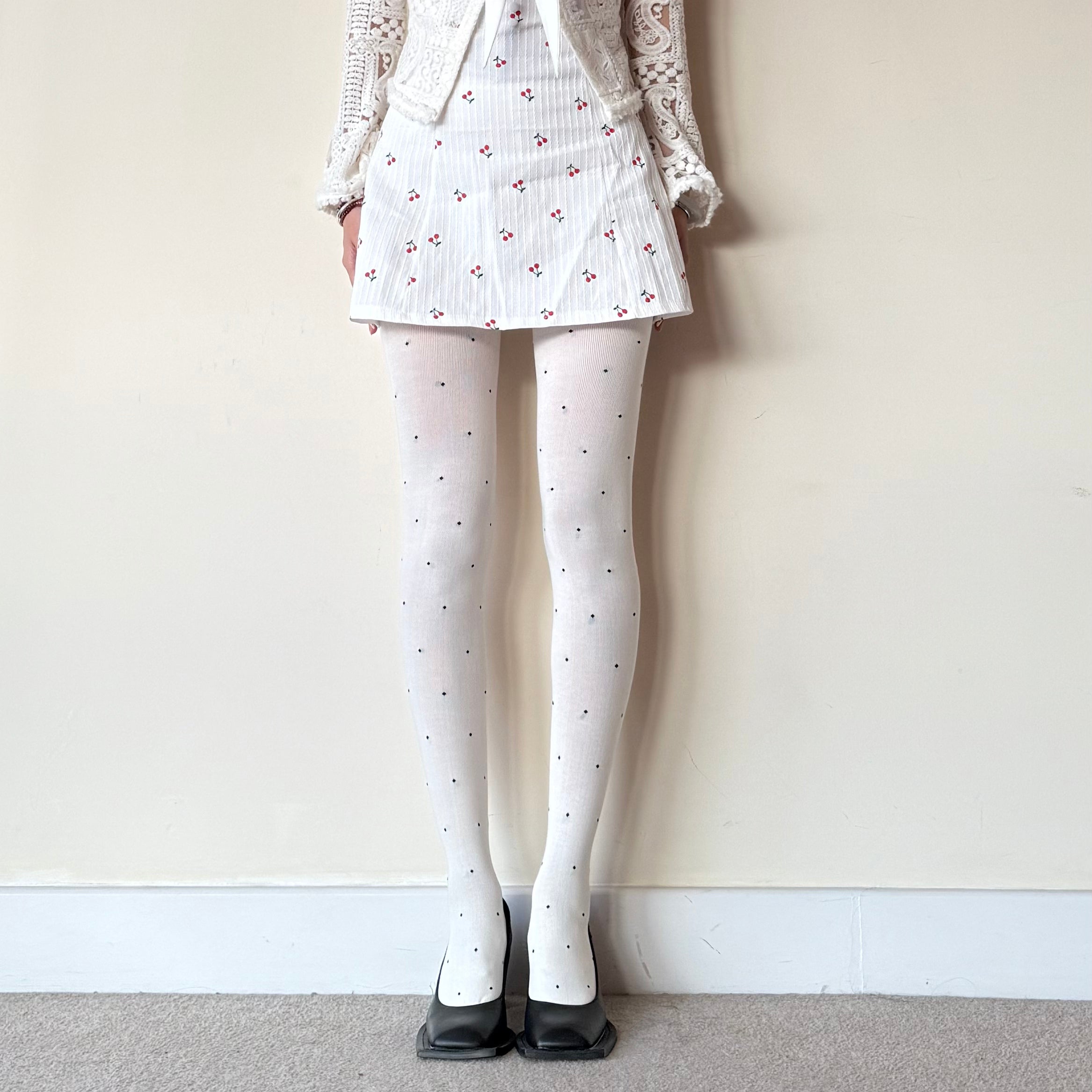 Cream White Polka Dot Cotton Tights