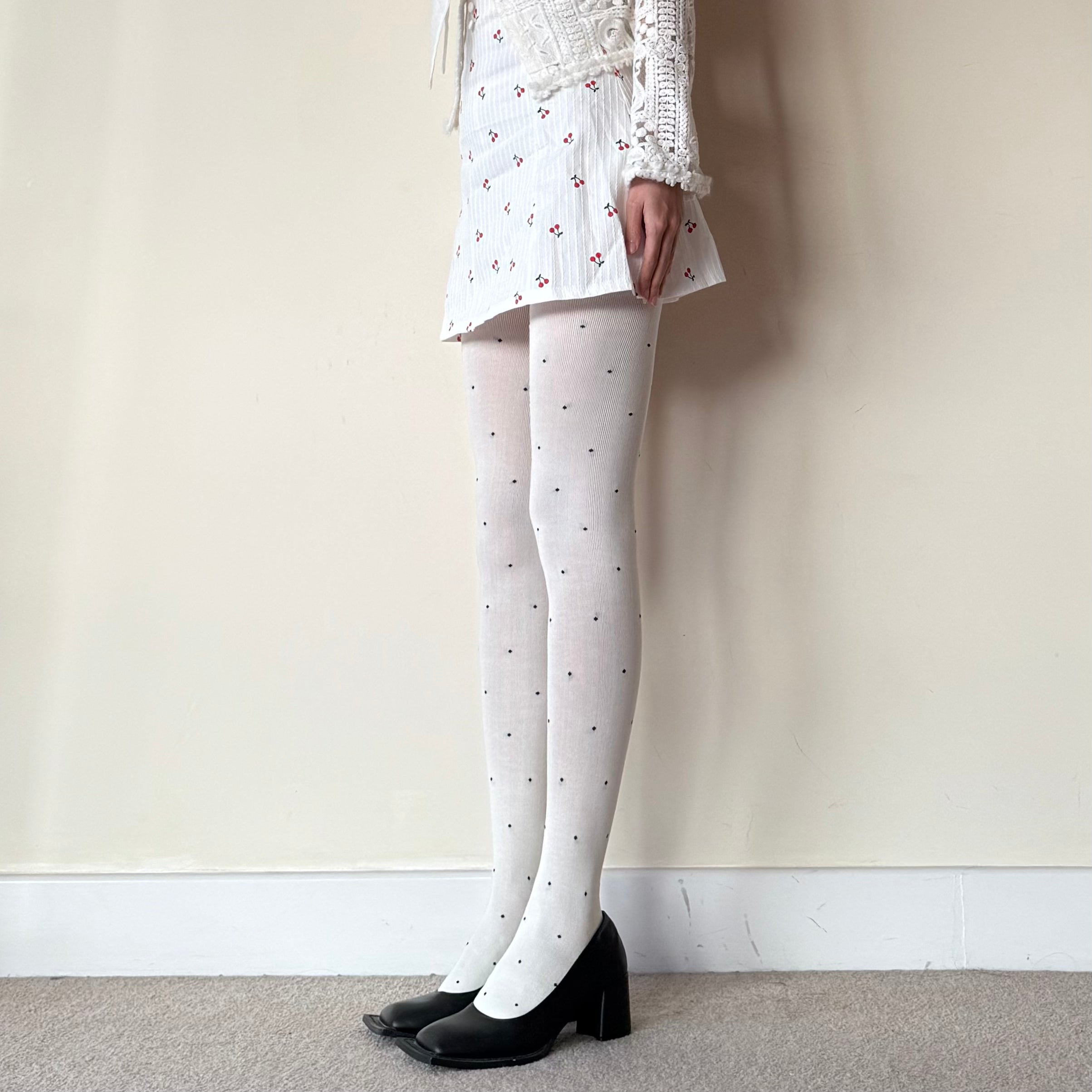 Cream White Polka Dot Cotton Tights