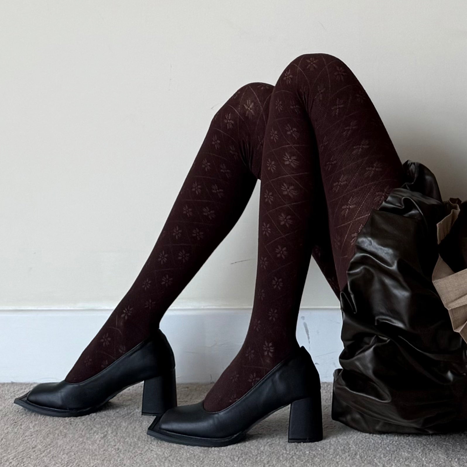 Dark Burgundy Snowflake Crisscross Cotton Tights