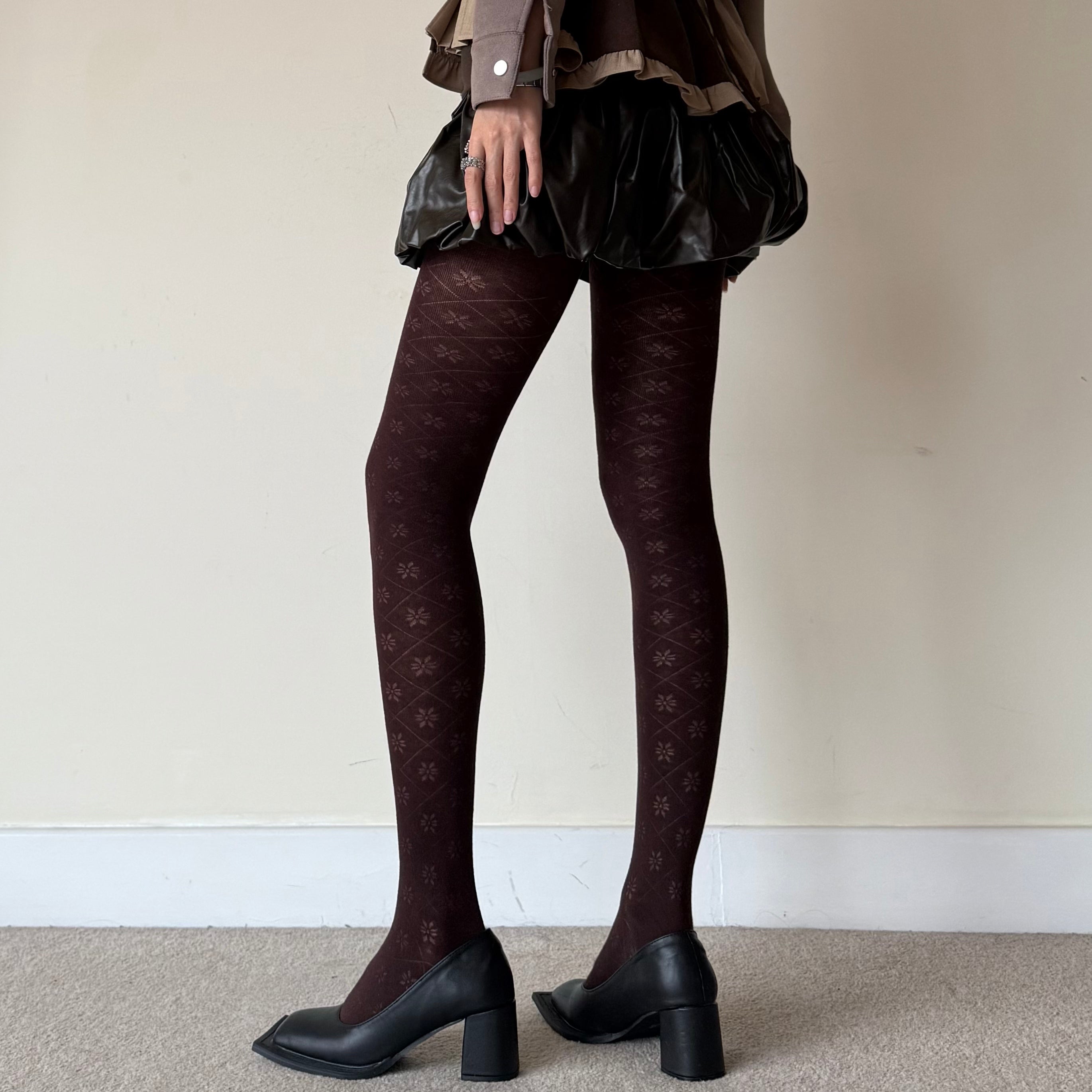 Dark Burgundy Snowflake Crisscross Cotton Tights
