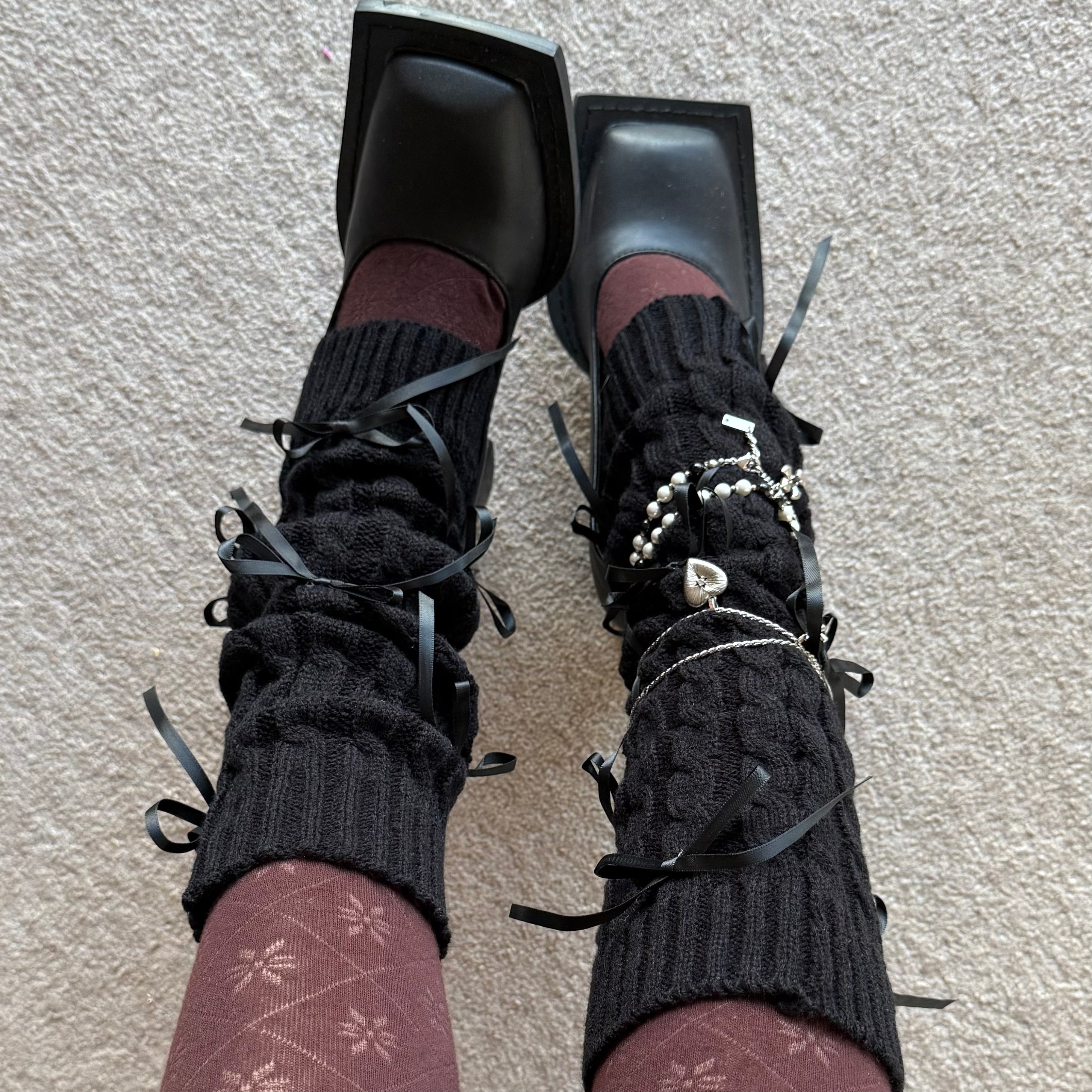Black Knit Style Leg Warmers with Layered Lace Bows