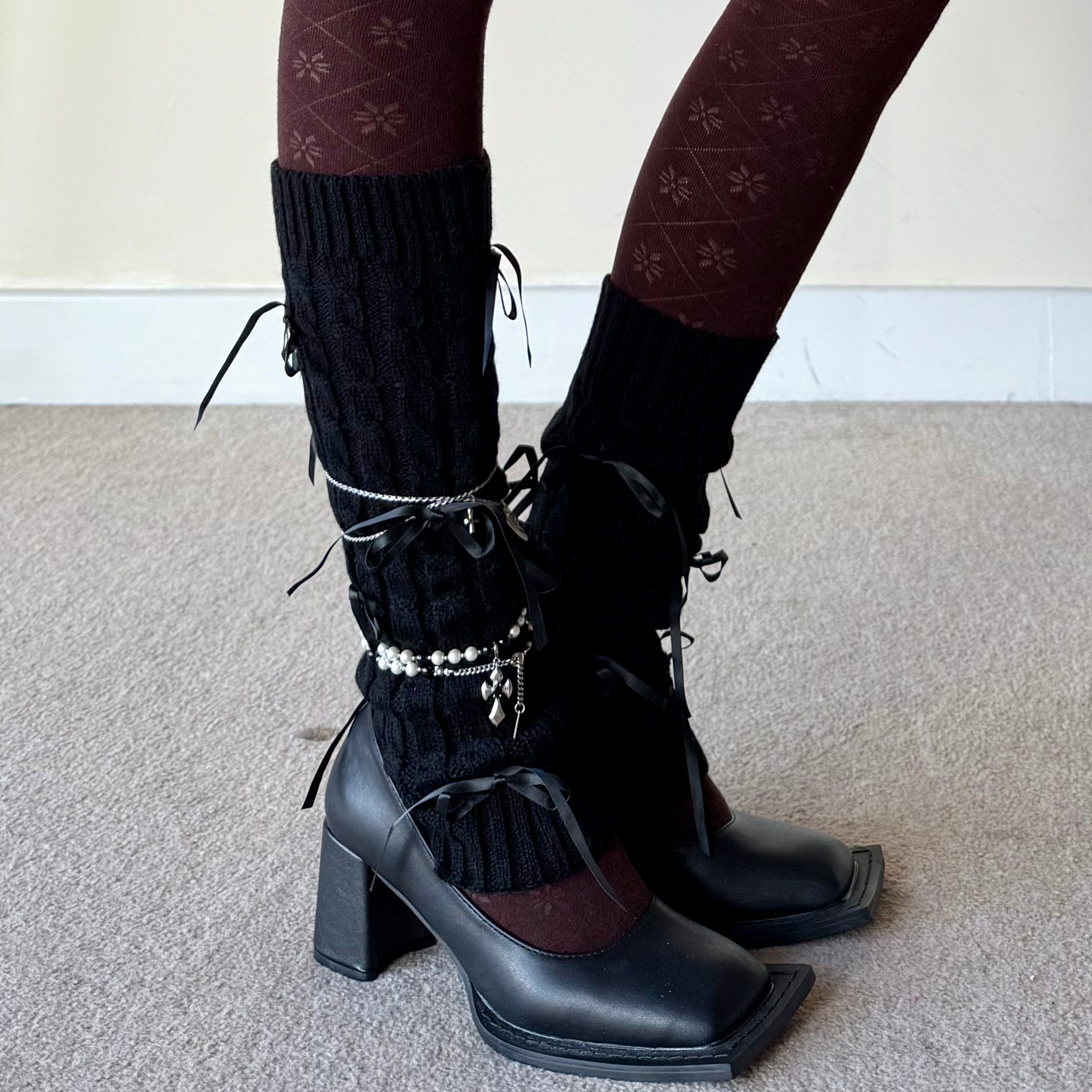 Black Knit Style Leg Warmers with Layered Lace Bows