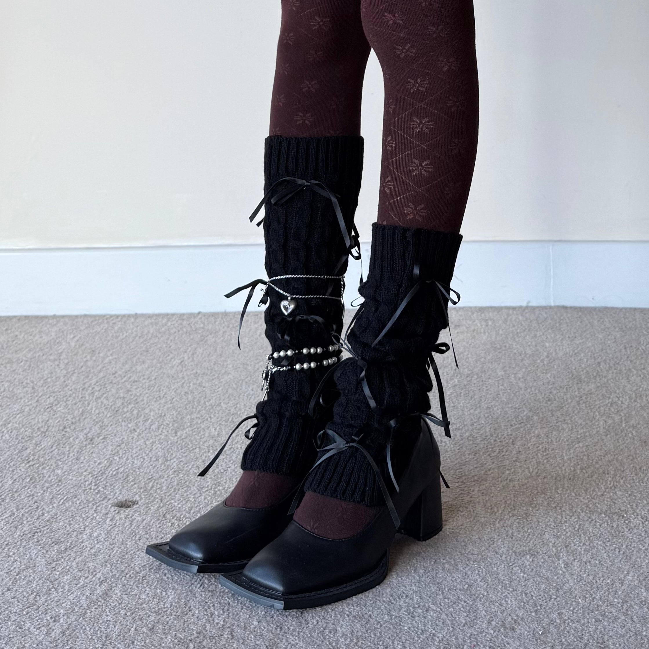 Black Knit Style Leg Warmers with Layered Lace Bows