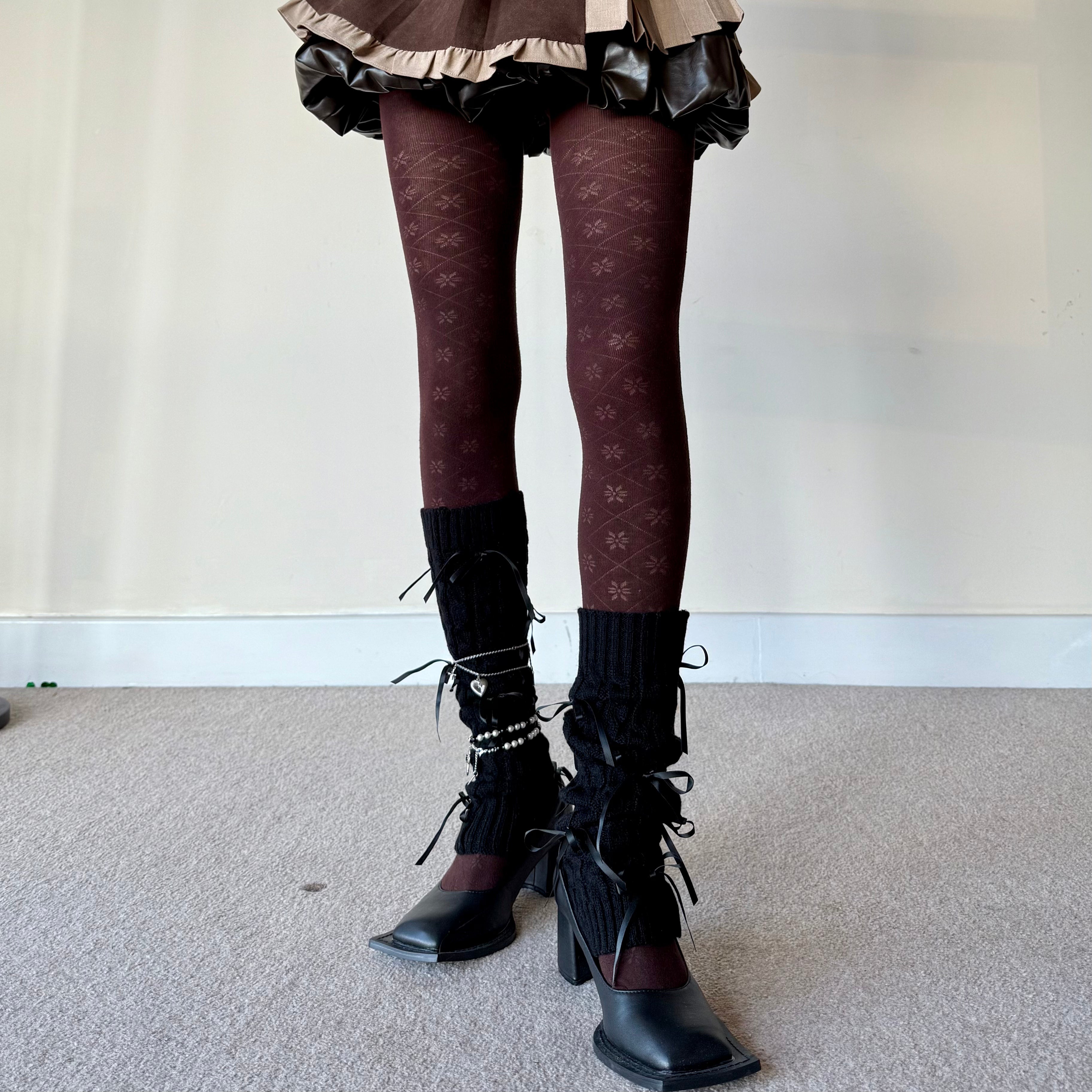 Black Knit Style Leg Warmers with Layered Lace Bows
