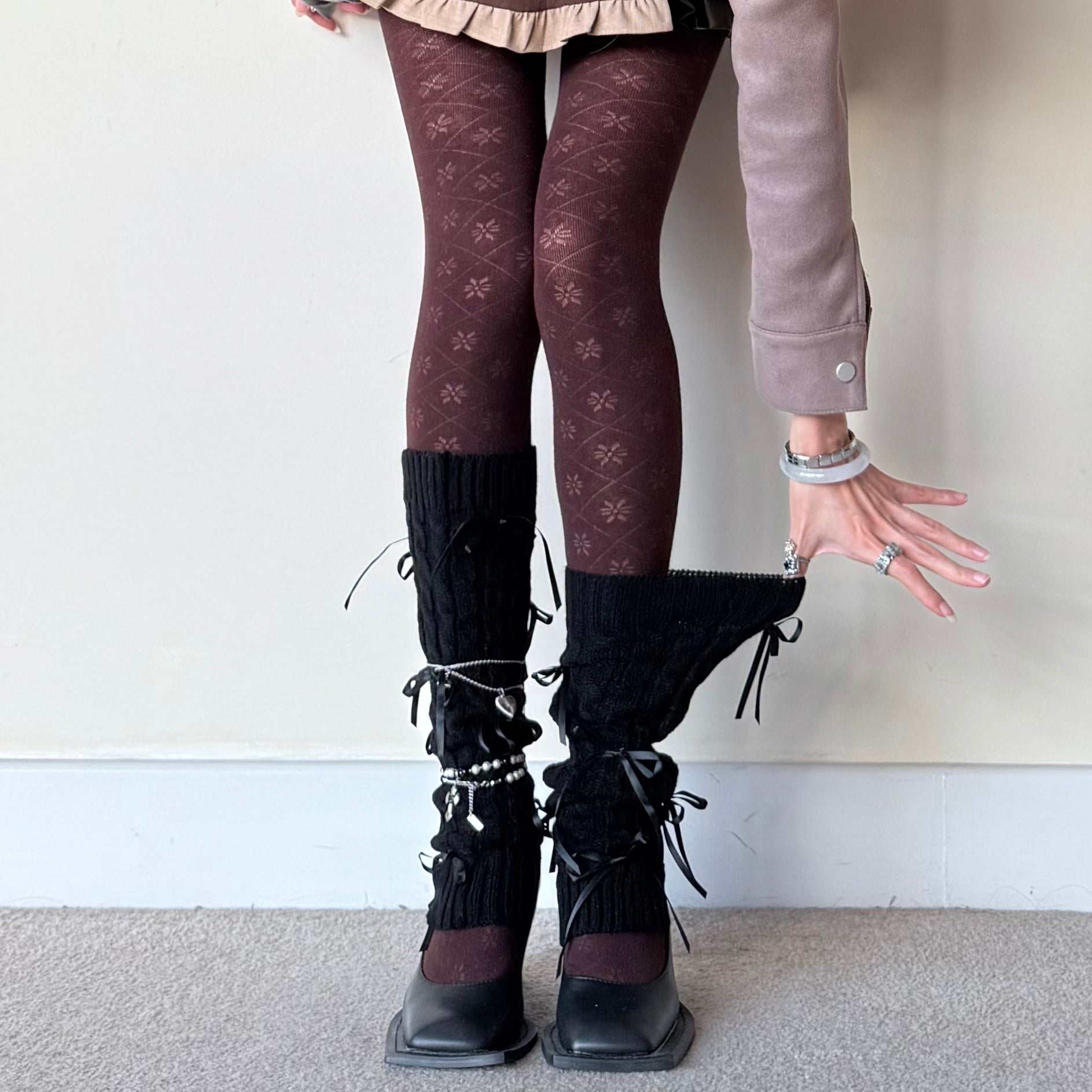 Black Knit Style Leg Warmers with Layered Lace Bows