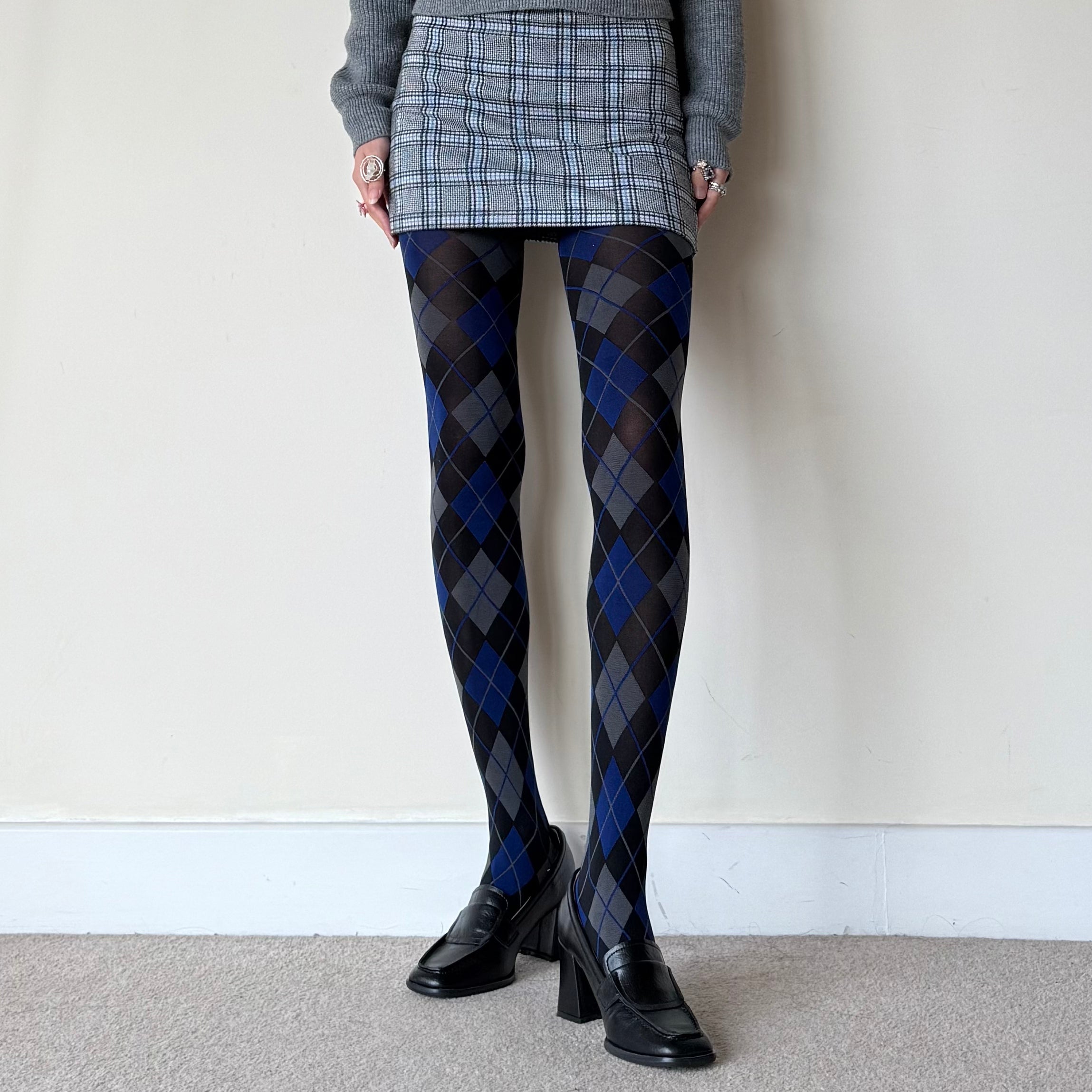 Black Blue & Grey Argyle Pattern Tights 50D