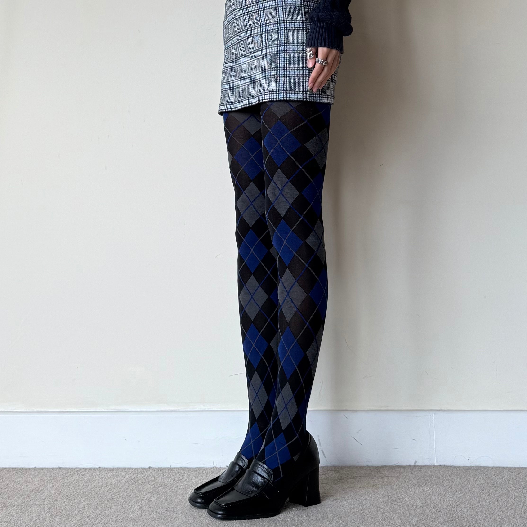 Black Blue & Grey Argyle Pattern Tights 50D