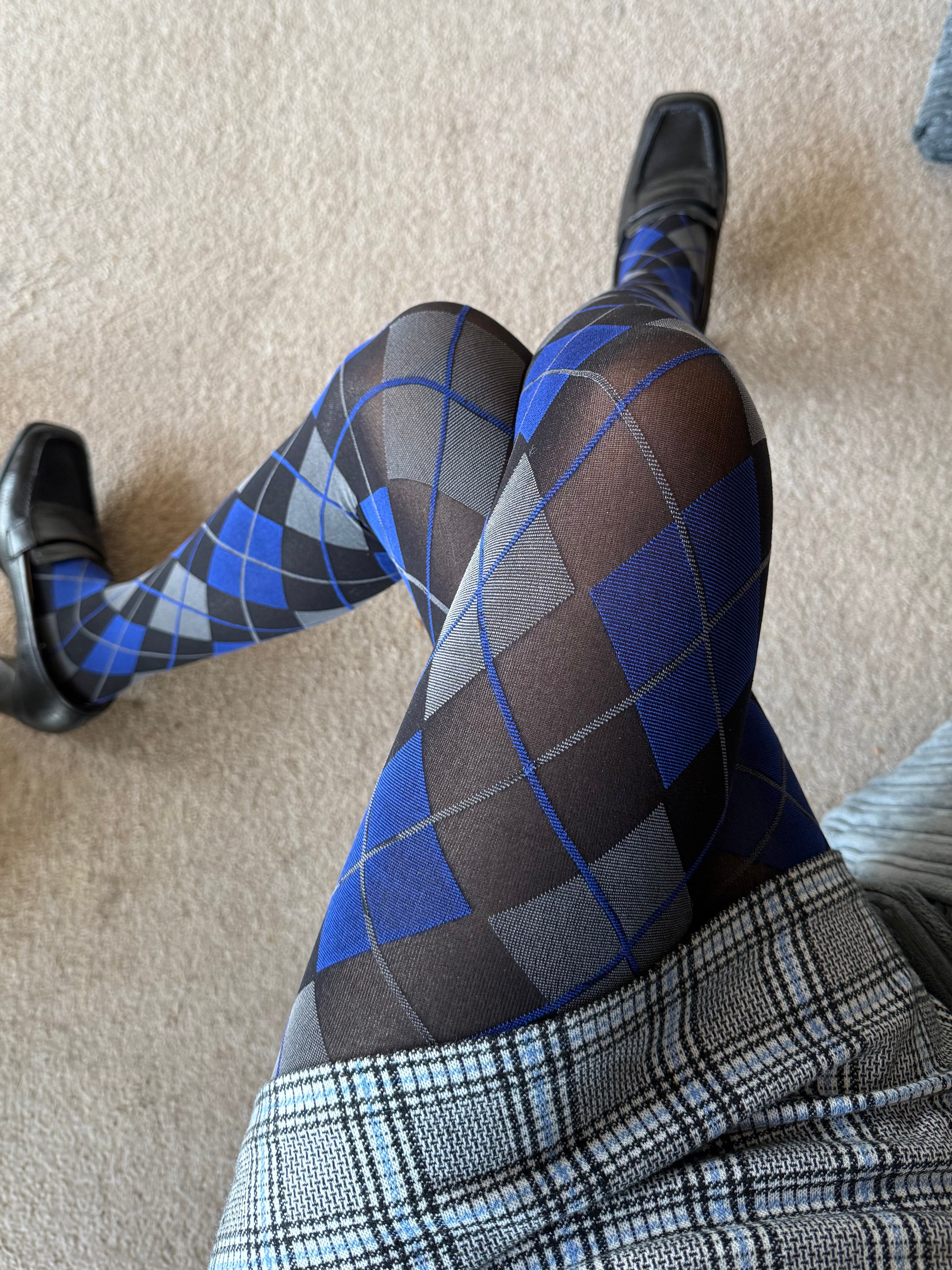 Black Blue & Grey Argyle Pattern Tights 50D