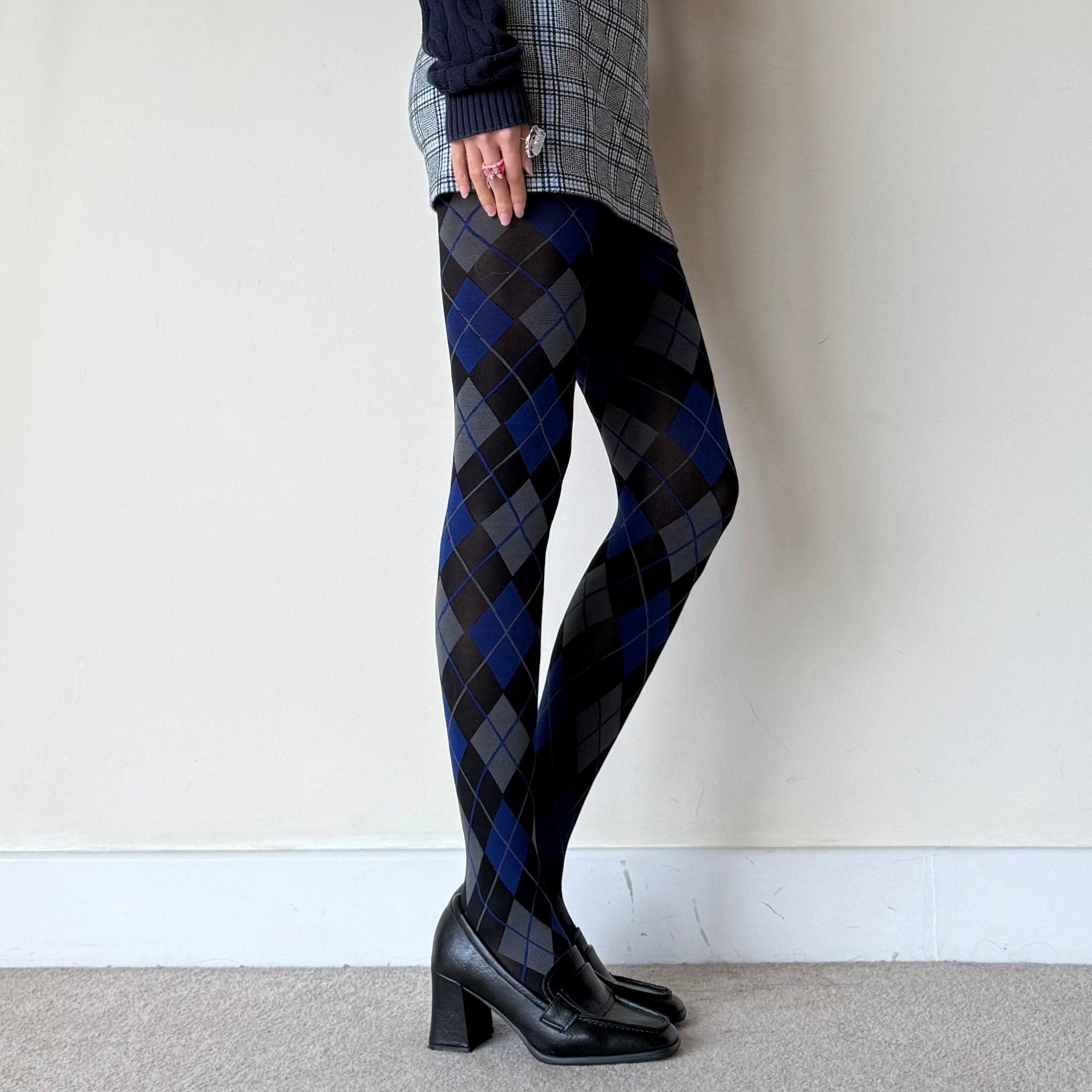Black Blue & Grey Argyle Pattern Tights 50D