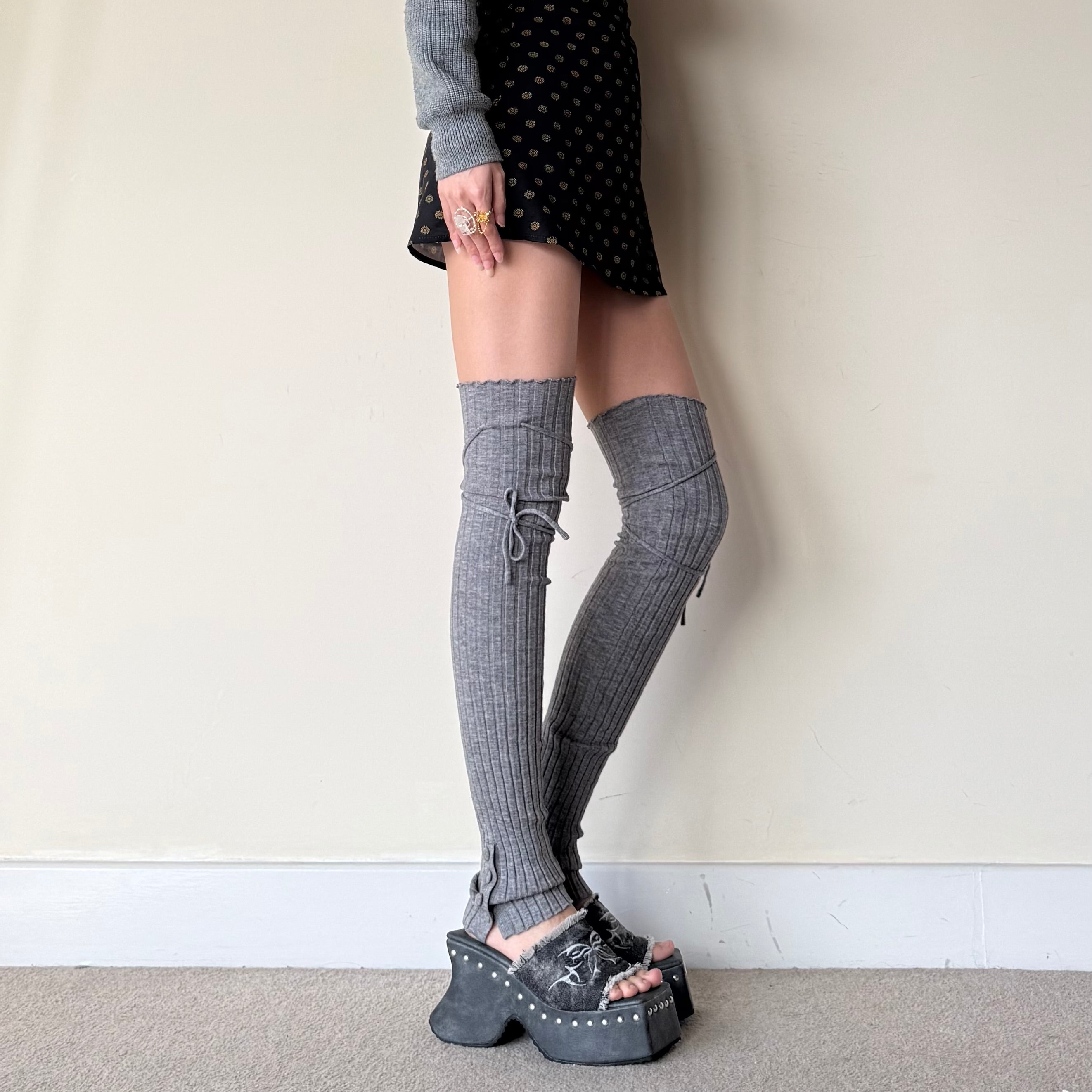 Balletcore Ribbed Wool Blend Leg Warmers with Side Tie & Button Detail