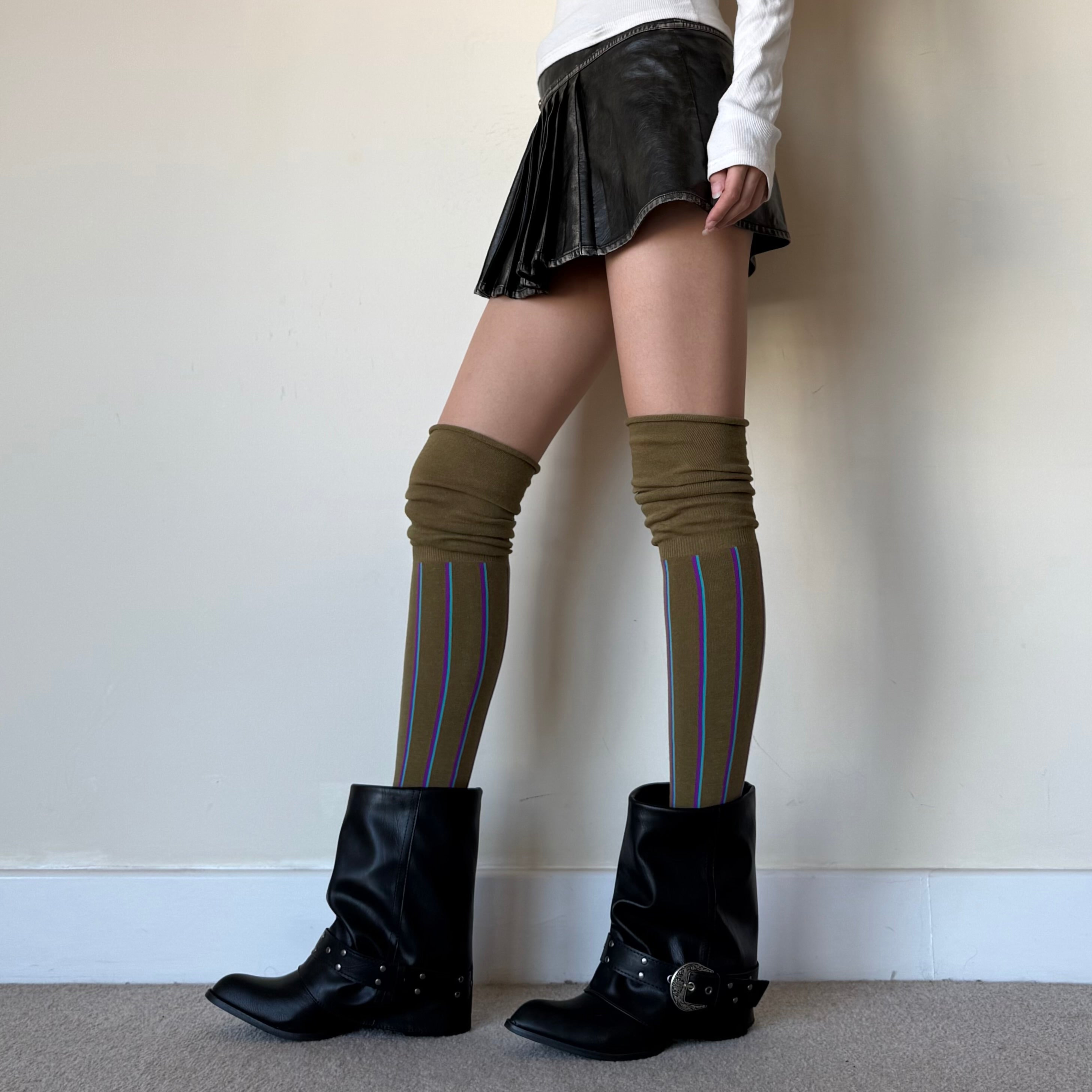 Olive Green Slouchy Over-the-Knee Socks with Stripe Detail