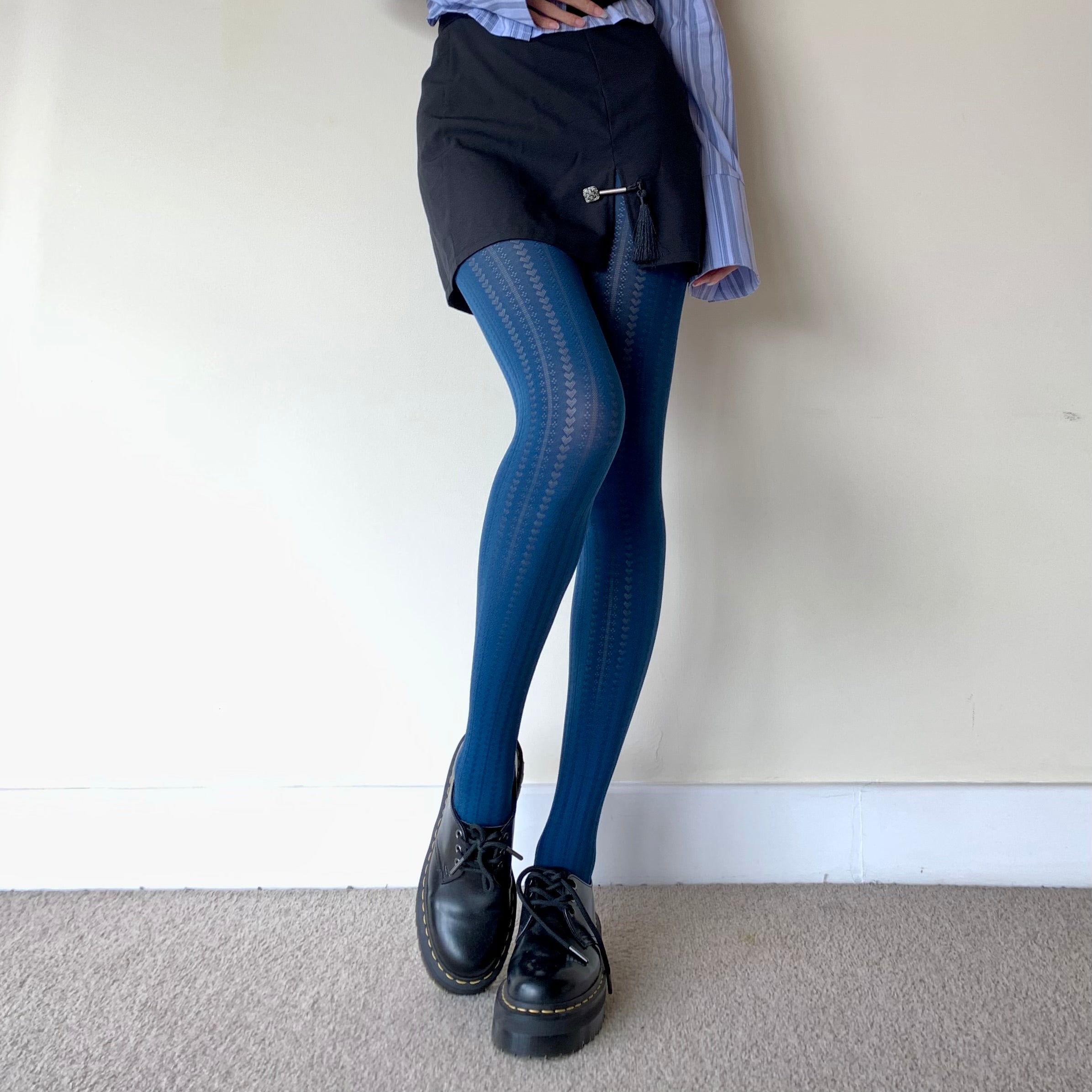 Blue Heart Striped Velvet Tights 70D