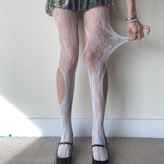 White Distressed Floral Fishnet Tights - tights