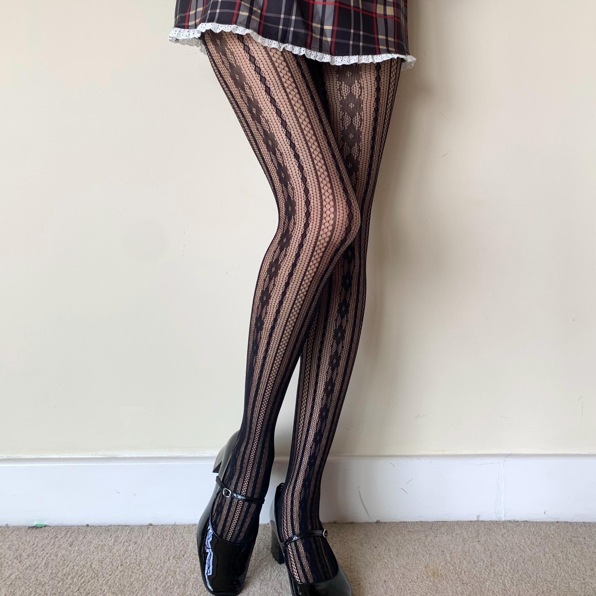 Black Floral Striped Fishnet Tights