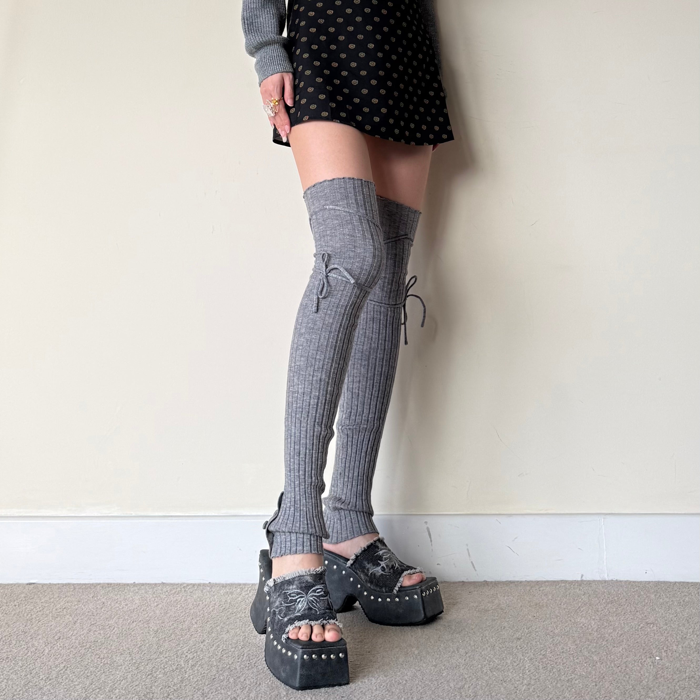Balletcore Ribbed Wool Blend Leg Warmers with Side Tie & Button Detail