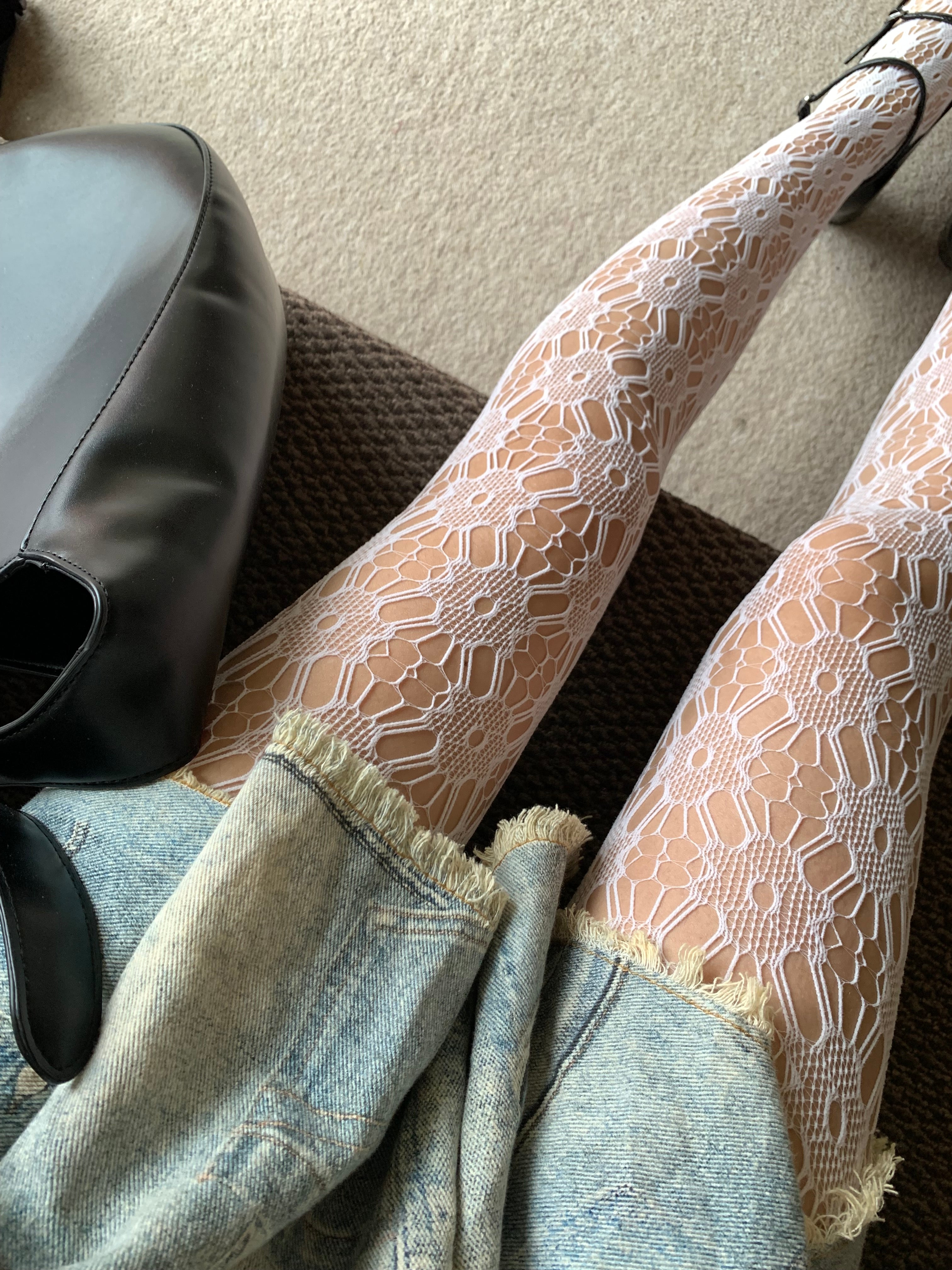 White Sakura Floral Hollow Fishnet Tights