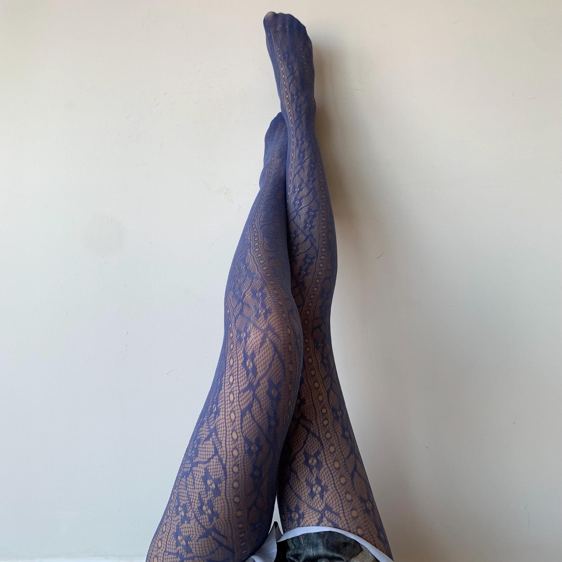 Blue Floral Vine Patterned Fishnet Tights