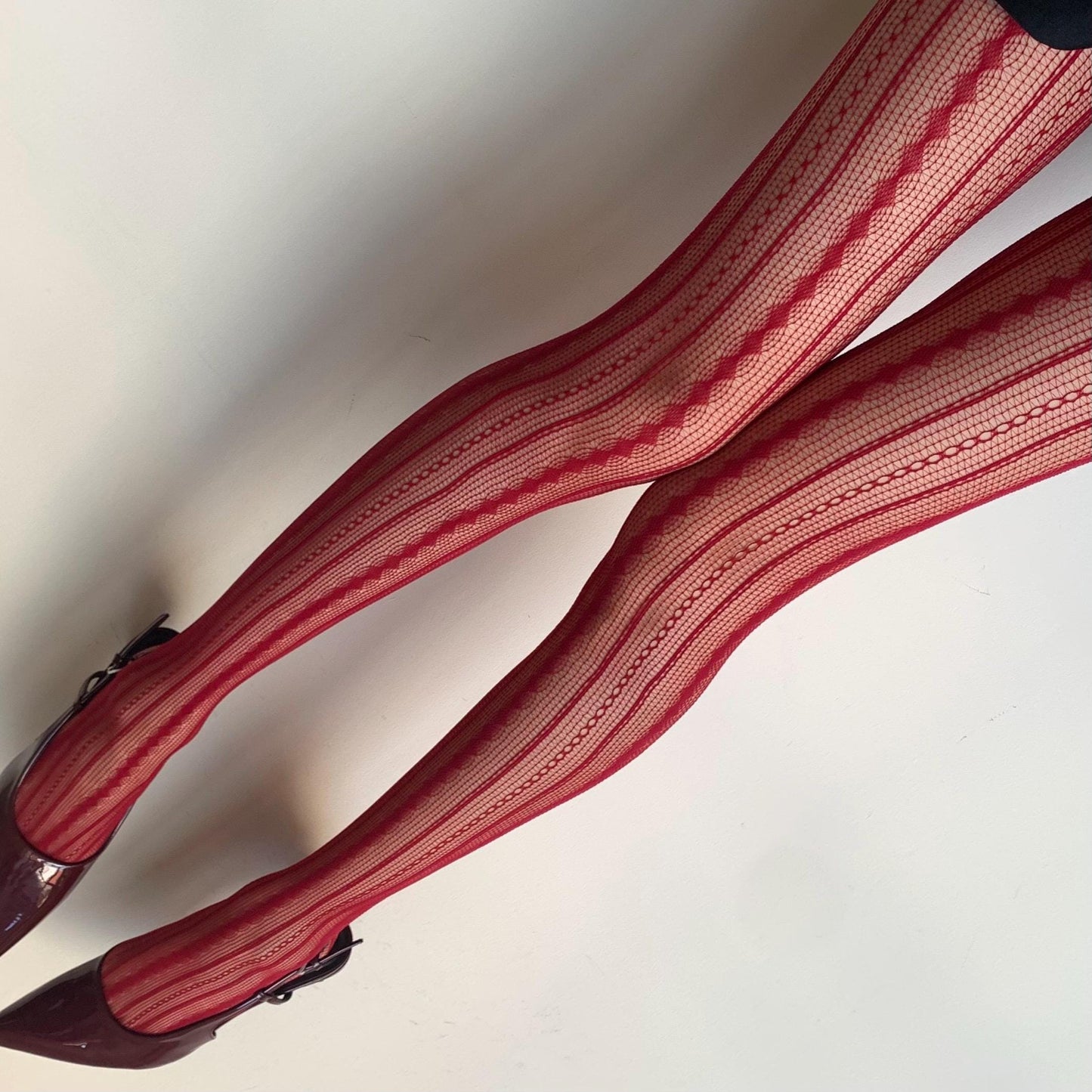 Red Geometric Stripped Fishnet Tights