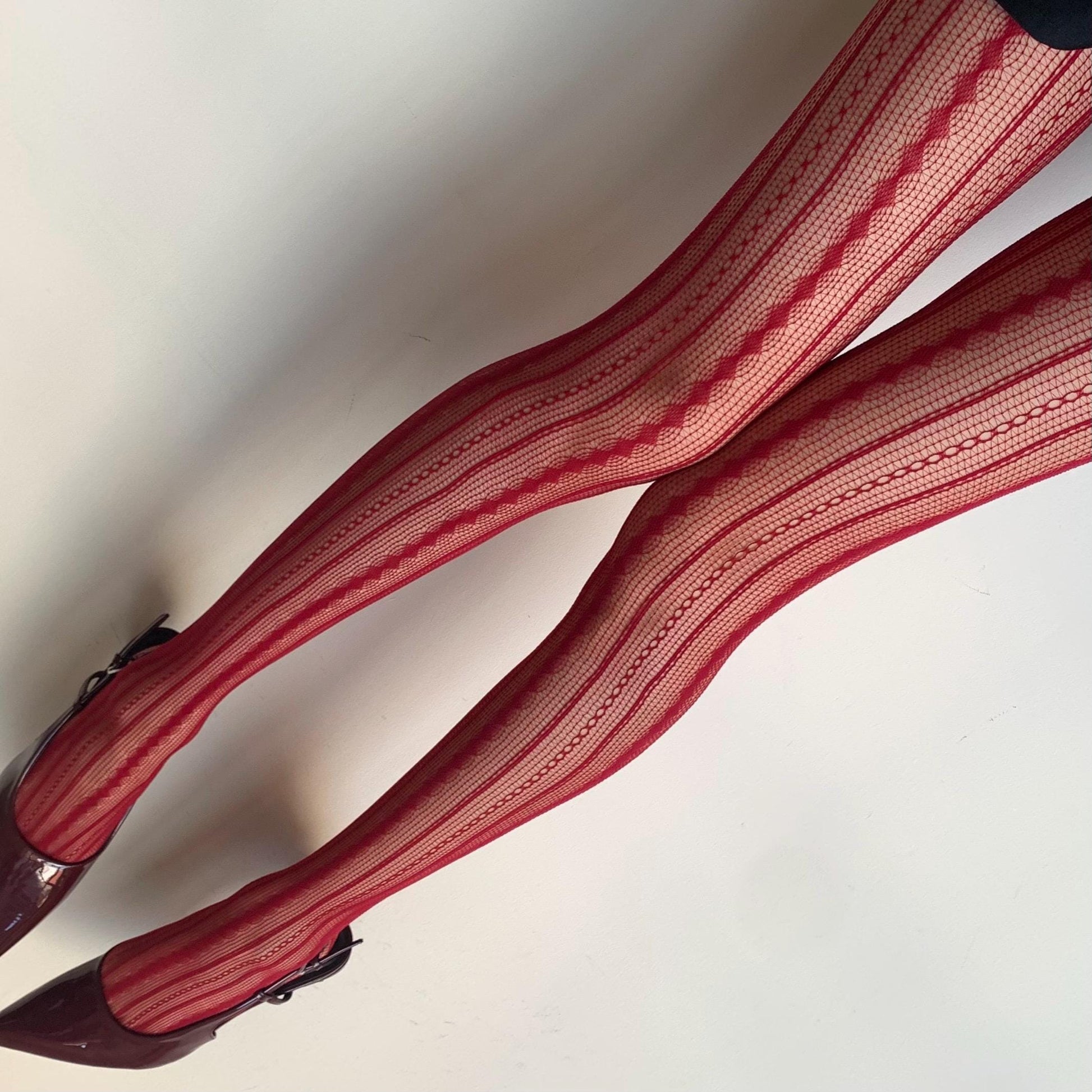 Red Geometric Stripped Fishnet Tights