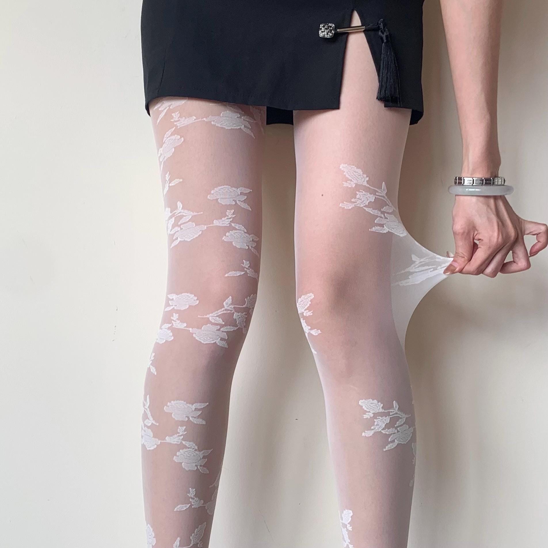 Cream White Rose Sheer Velvet Tights - tights