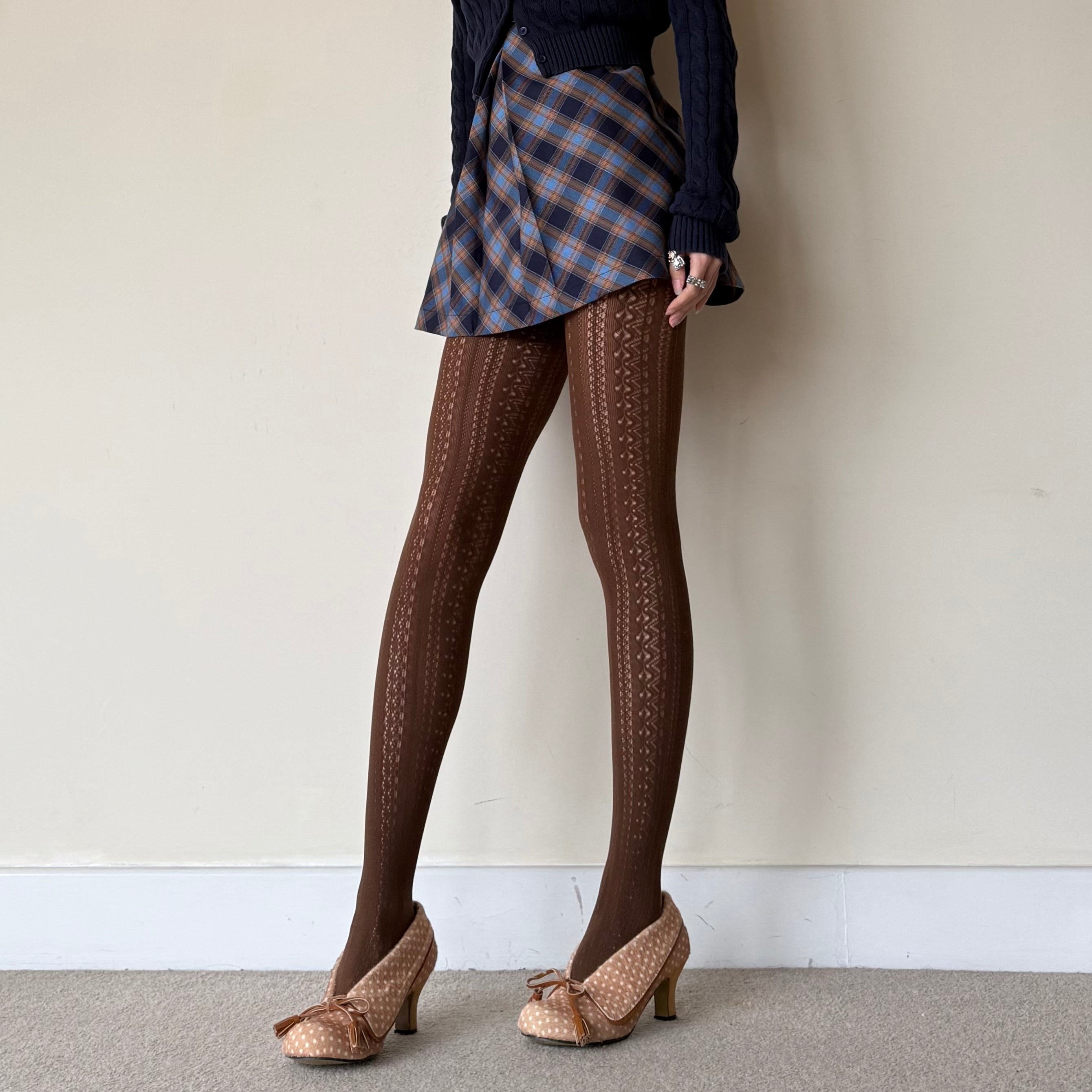 Chocolate Brown Pointelle Stripe Fishnet Tights